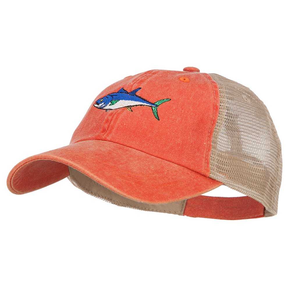 Bluefin Tuna Embroidered Washed Trucker Hat - Vintage Distressed Baseball Cap for Fishing, Outdoor & Casual Wear | e4Hats.com