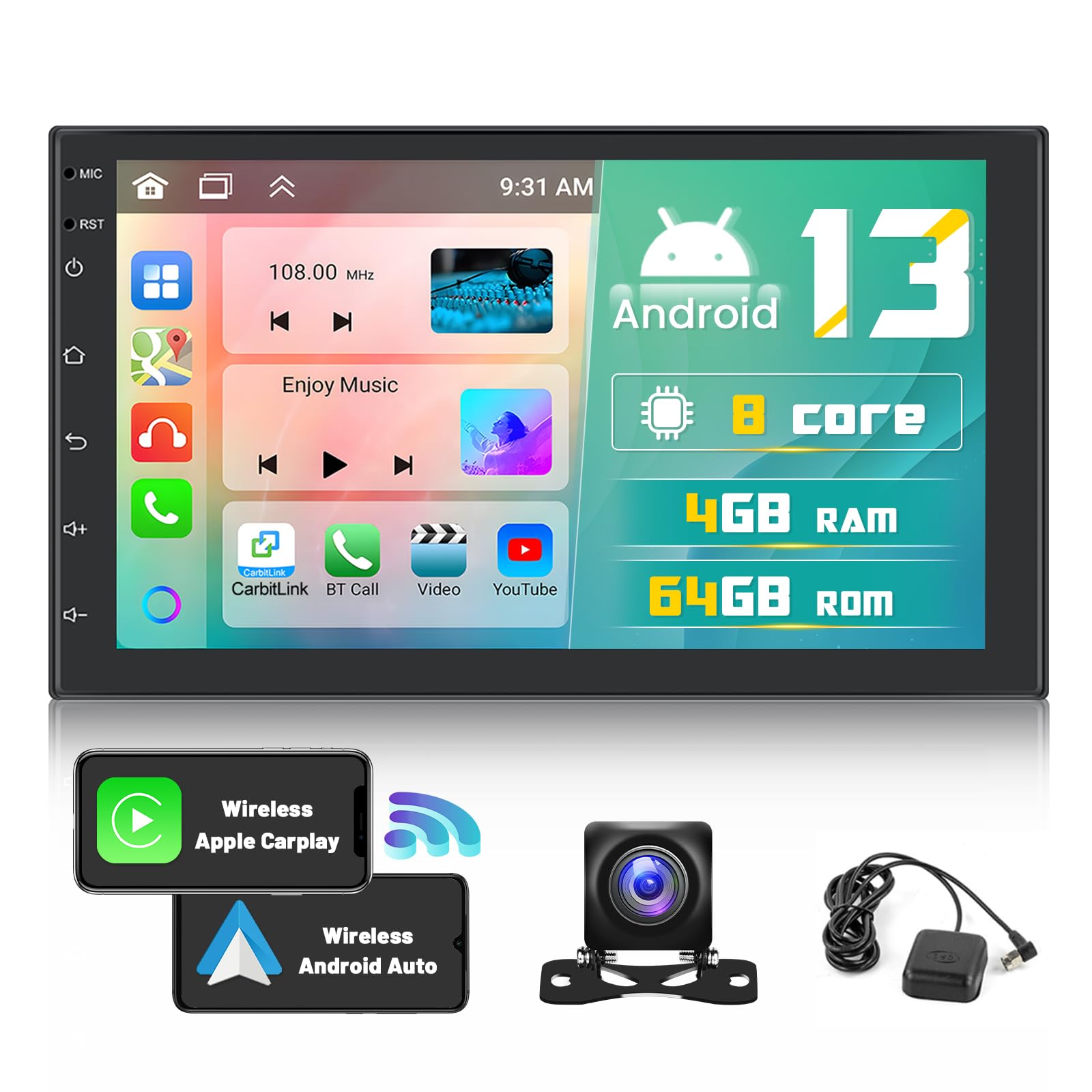 8 Core 4+64GB 7 Inch Android 13 Double Din Car Stereo with Wireless CarPlay & Android Auto - Touchscreen Car Radio Receiver with GPS Navigation, Bluetooth, FM, DSP & Split Screen for Seamless Driving Experience