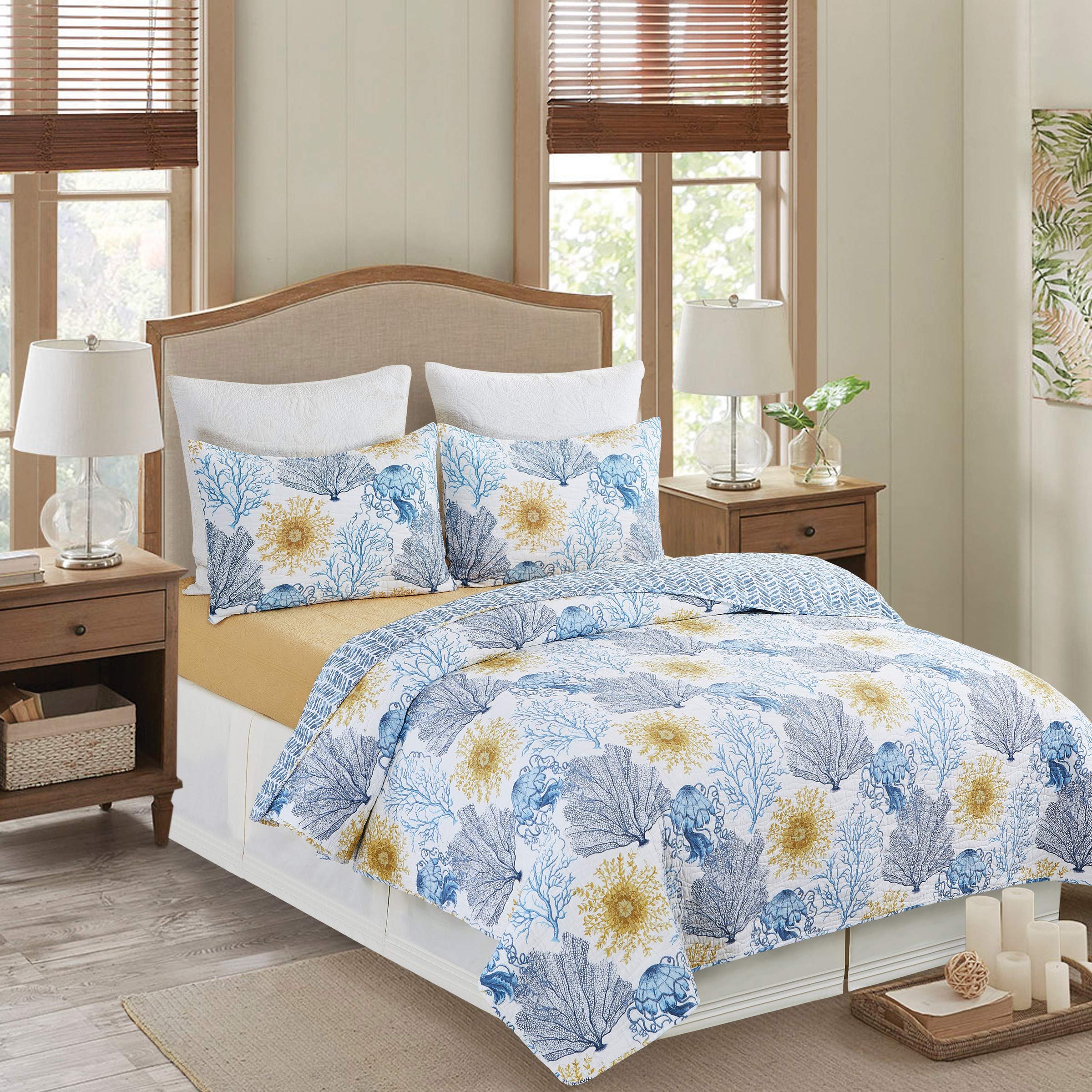 C&F Home Monterey Mist 3-Piece Quilt Set - Full/Queen Size with White, Blue & Gold Coral Pattern, Includes Quilt & Shams | Coastal Bedroom Decor, Guest Room Luxury Bedding