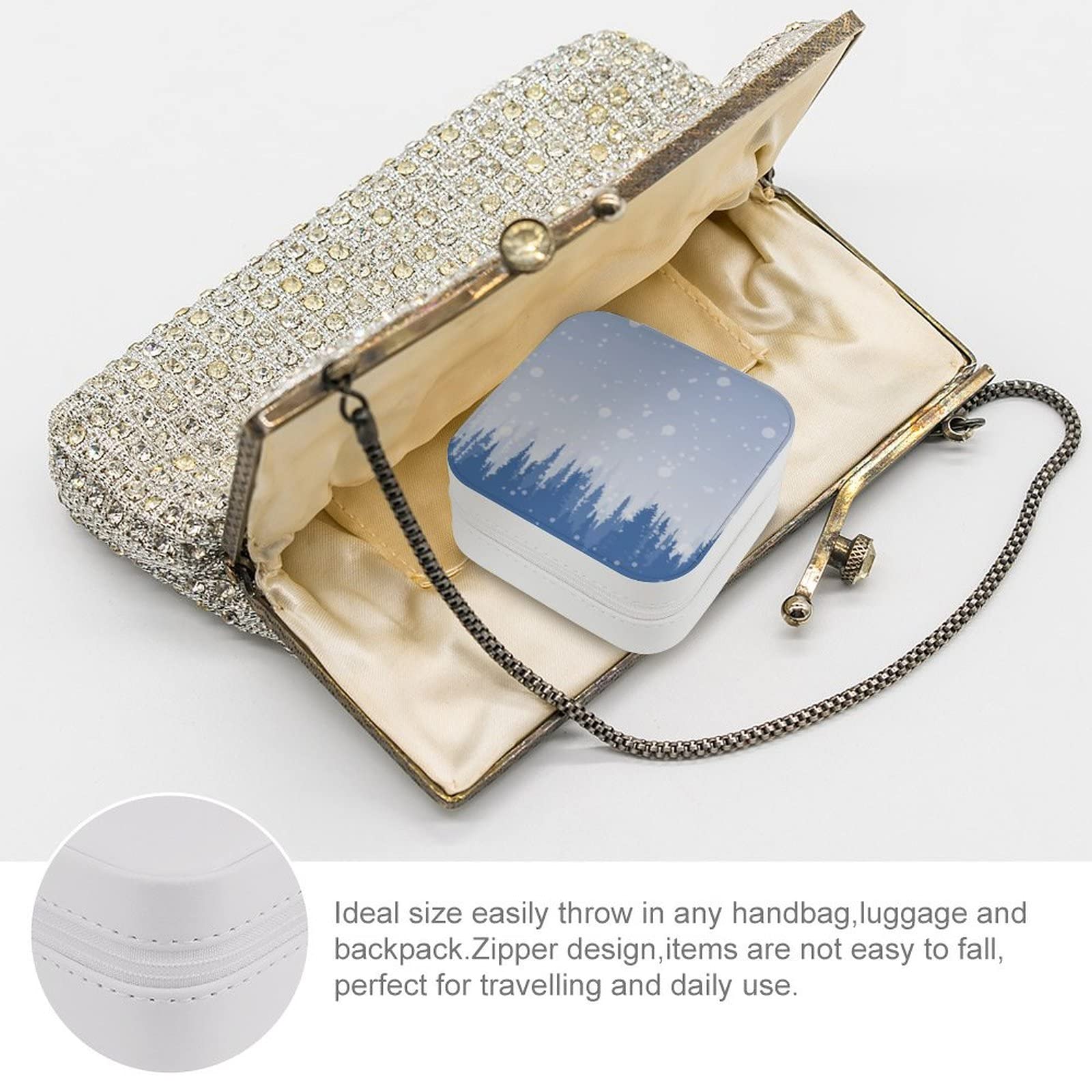 Stylish PU Jewelry Box - Portable Travel Organizer for Rings, Earrings, Necklaces & Bracelets - Compact Display Storage Case with Snowy Forest Design - Perfect for Travel, Gifts & Home Organization