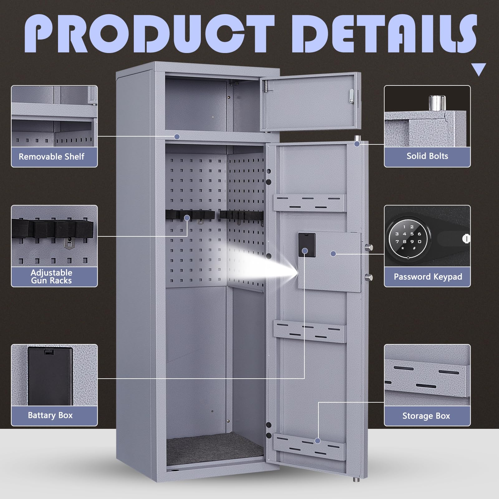 KAER 10-12 Gun Safe for Rifles, Pistols & Shotguns - Digital Keypad Lock, Adjustable Shelves, Heavy Duty Metal Cabinet - Home & Office Security Safe for Firearm Storage (Grey)