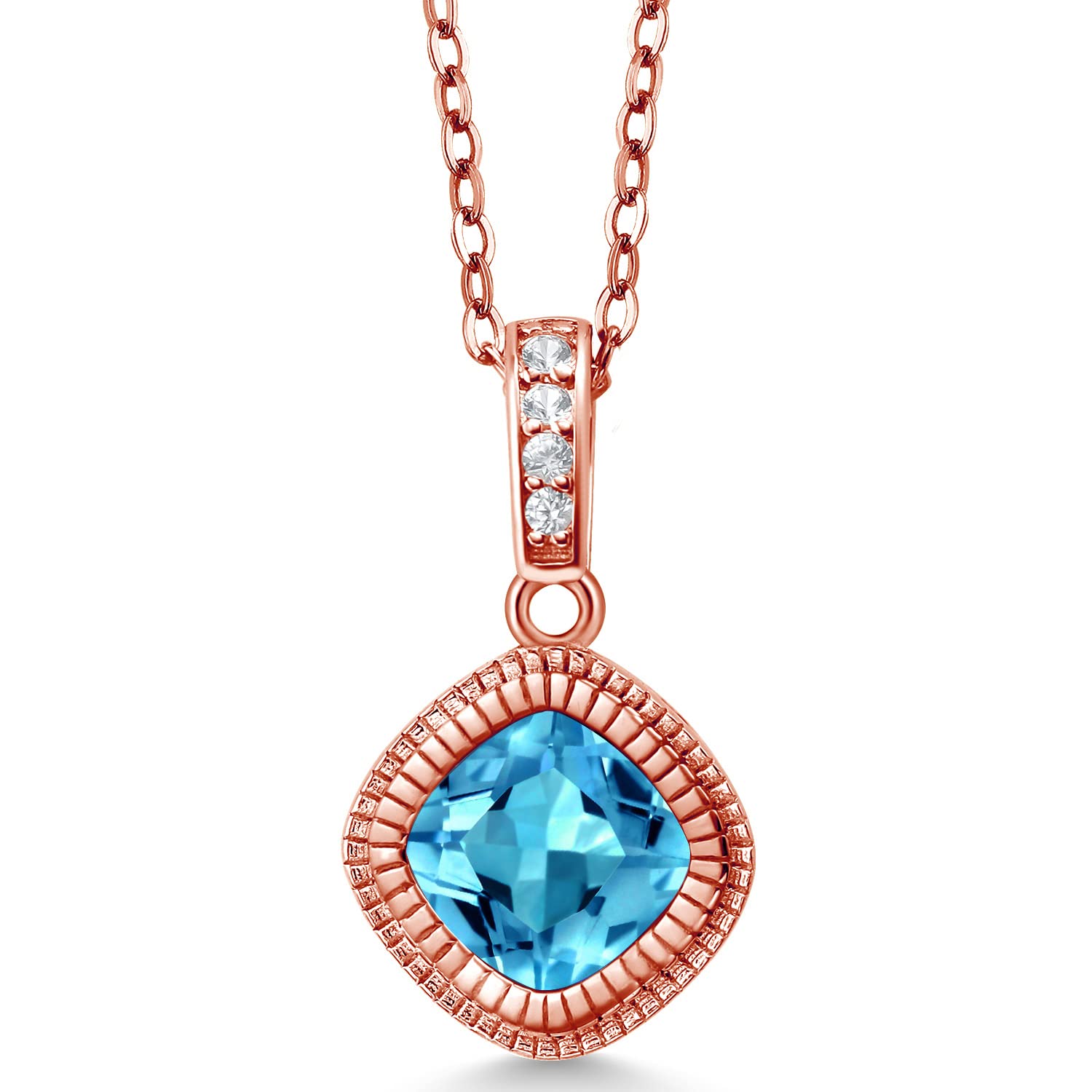 1.90 Ct Swiss Blue Topaz Pendant Necklace - 18K Rose Gold Plated Silver with Chain - Elegant Gemstone Jewelry for Women - Perfect for Weddings, Anniversaries & Special Occasions