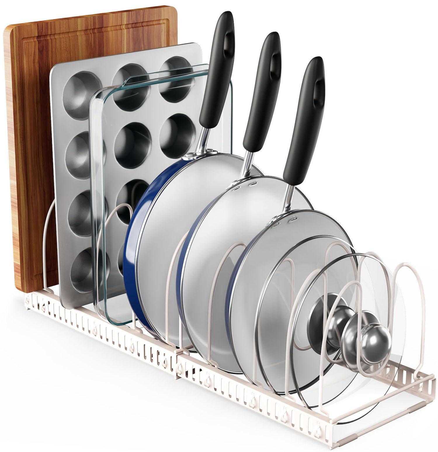 Better Things Adjustable Kitchen Cabinet Organizer - 12-Slot Pot & Pan Organizer with Scratch-Proof Silicone Strips, Secure Lid Holder for Pots & Pans - Perfect for Kitchen Storage & Space Saving (Ideal for Small Kitchens, RV Cooking & Organized Pantries)