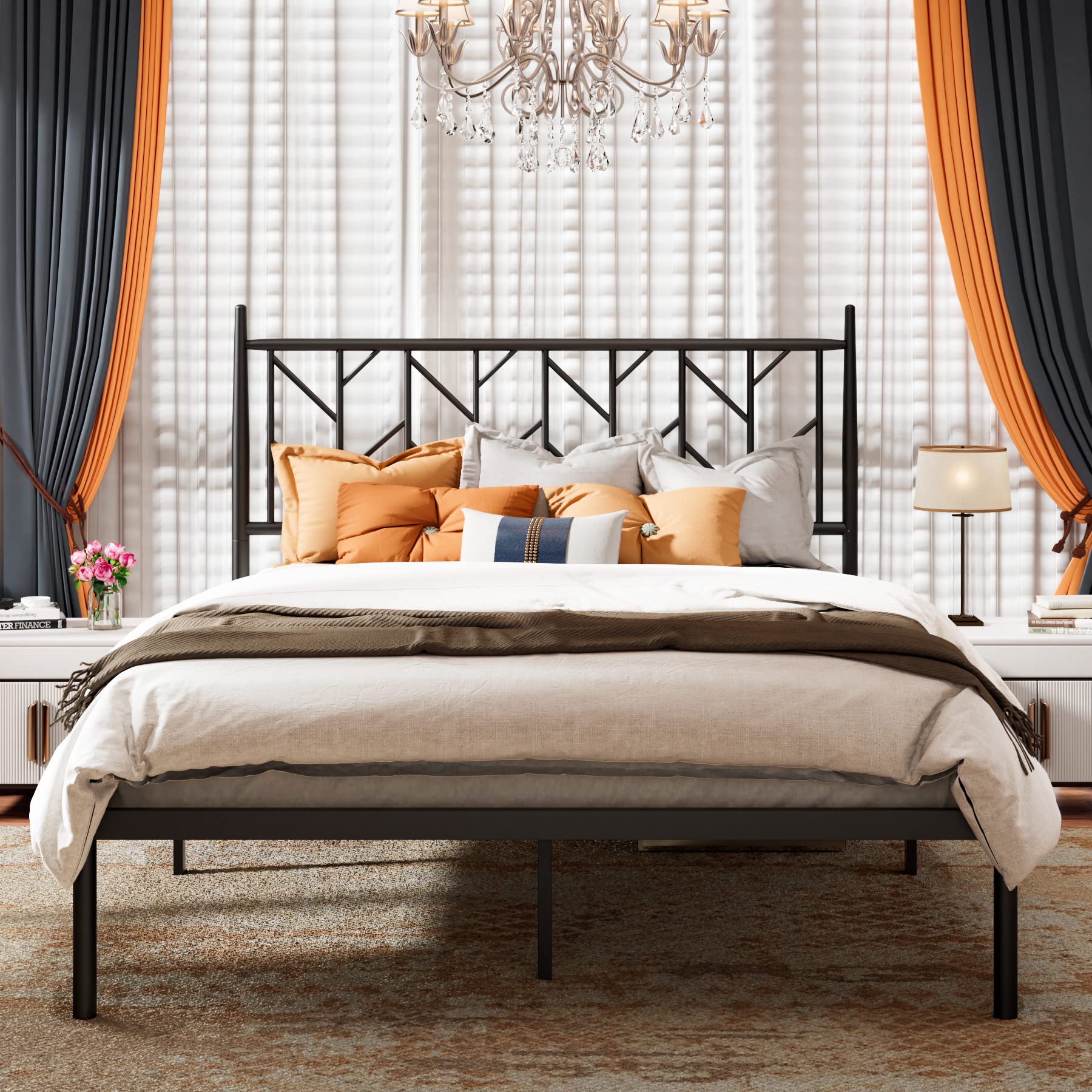 Vintage Metal Queen Size Platform Bed Frame with Sturdy Steel Slat Support - Noise Free Mattress Foundation, No Box Spring Needed - Matte Black | Perfect for Modern & Industrial Bedroom Decor