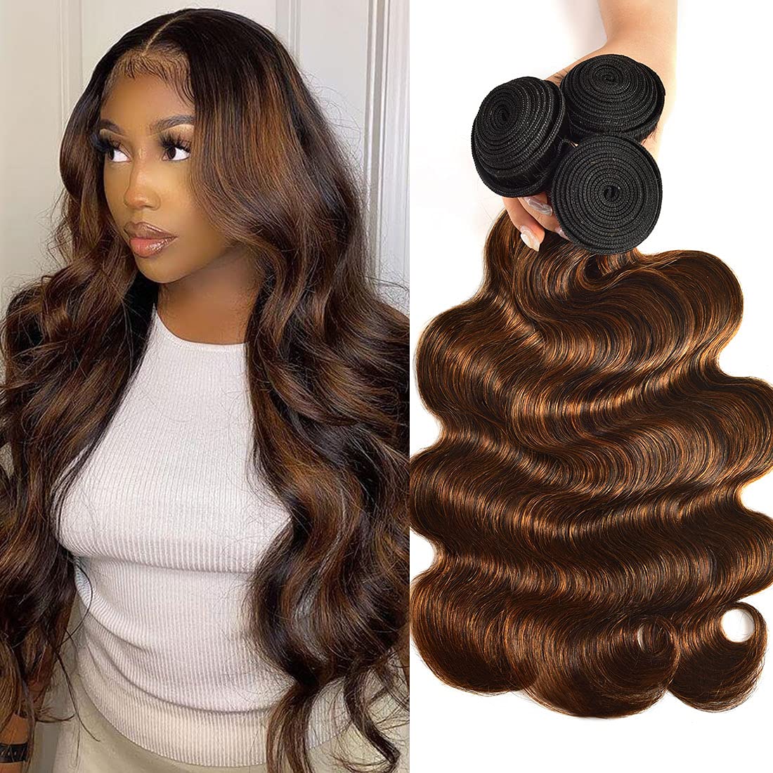 Nadula 12A Brown Balayage Ombre Body Wave Brazilian Human Hair Weave 3 Bundles - Remy Hair Extensions in Chocolate Brown Ombre Color (24, 26, 28 Inches) for Stunning Beach Waves & Everyday Glamour
