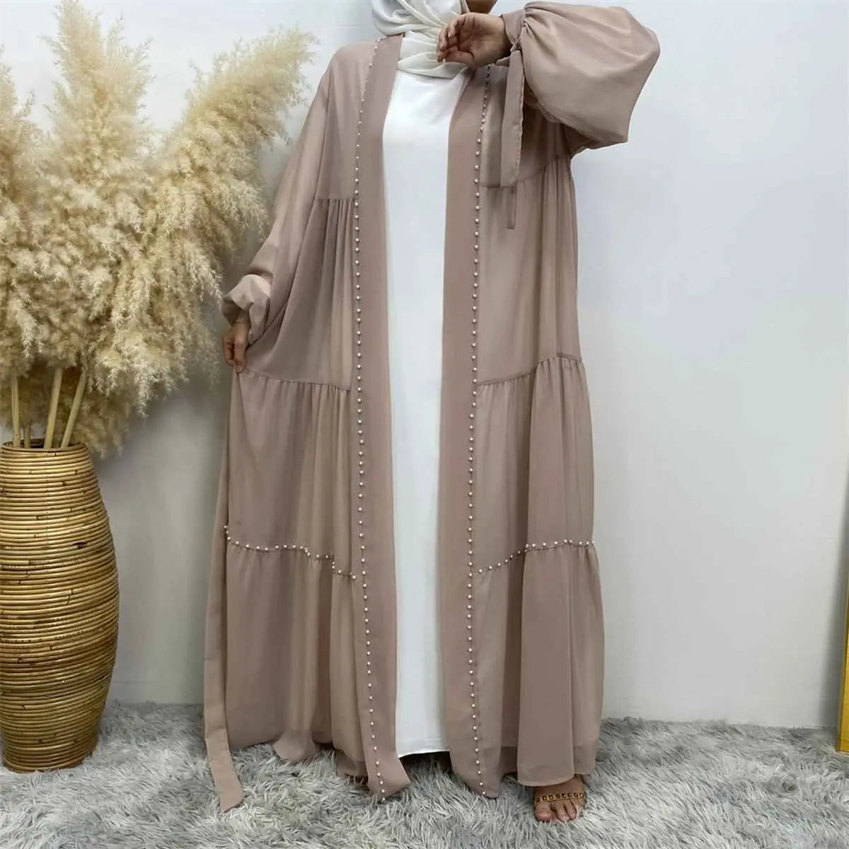 Elegant Muslim Women's Chiffon Beaded Open Abaya Dress - Modest Islamic Prayer Dress for Mosque, Eid & Special Occasions
