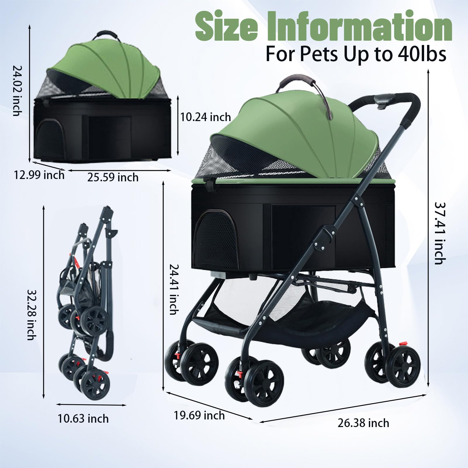 3-in-1 Pet Stroller for Dogs & Cats - Removable Carrier Dog Wagon for Medium Pets Up to 55lbs - Lightweight & Foldable Green Pet Stroller - Perfect for Travel, Vet Visits & Outdoor Adventures
