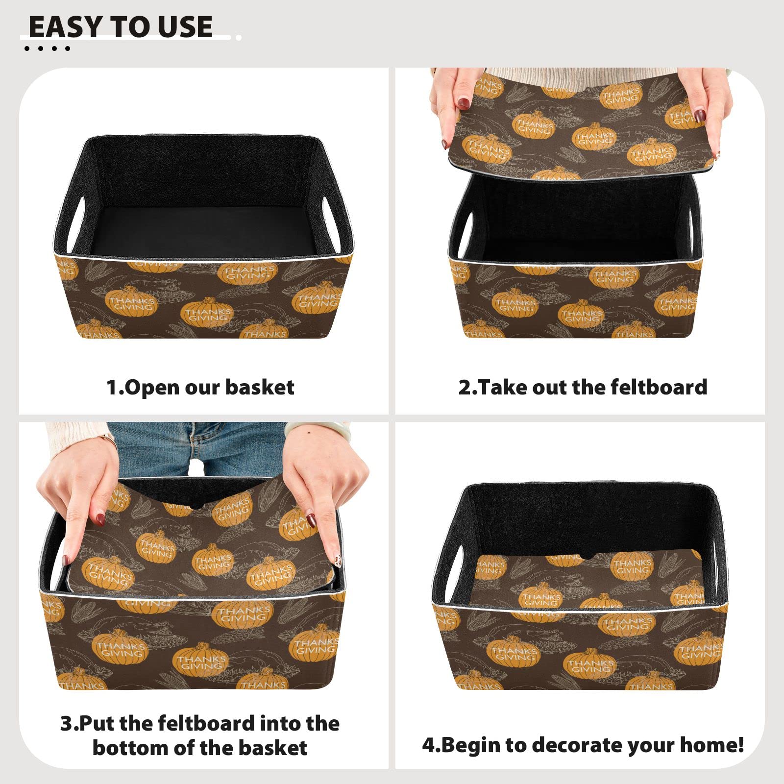 Thanksgiving Turkey Pumpkin Leaves Felt Storage Basket - Collapsible Closet Organizer Bin for Toys, Clothes & Home Decor | Perfect for Nursery, Shelves & Holiday Decorations