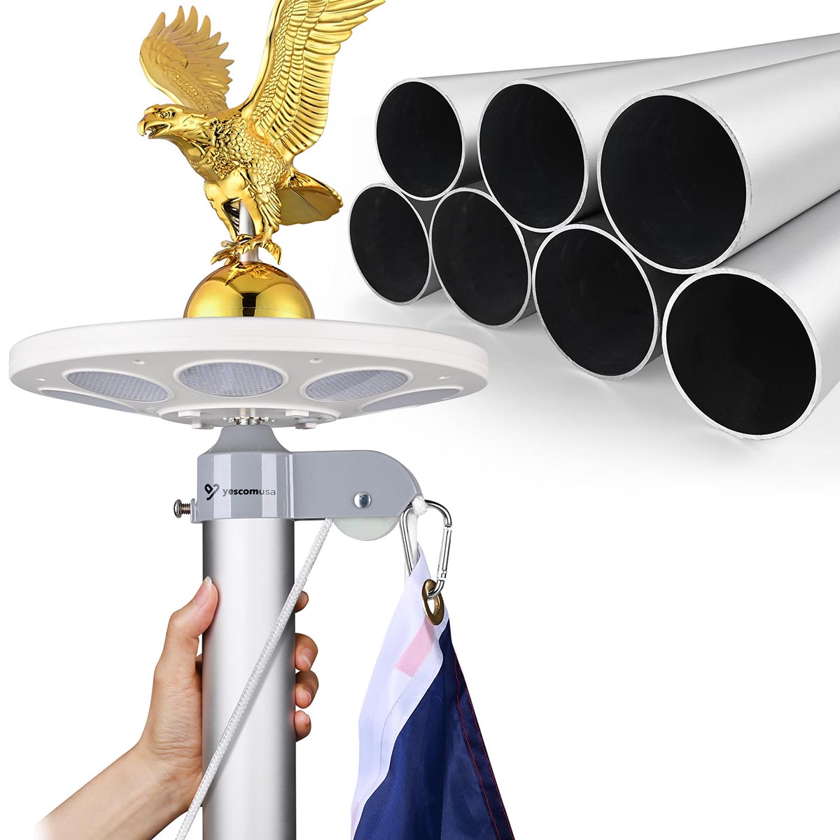 13 Gauge Heavy Duty Flagpole with Light Deluxe Eagle - 20ft, 25ft, 30ft Options | TheLAShop | Perfect for Residential, Commercial & Patriotic Events