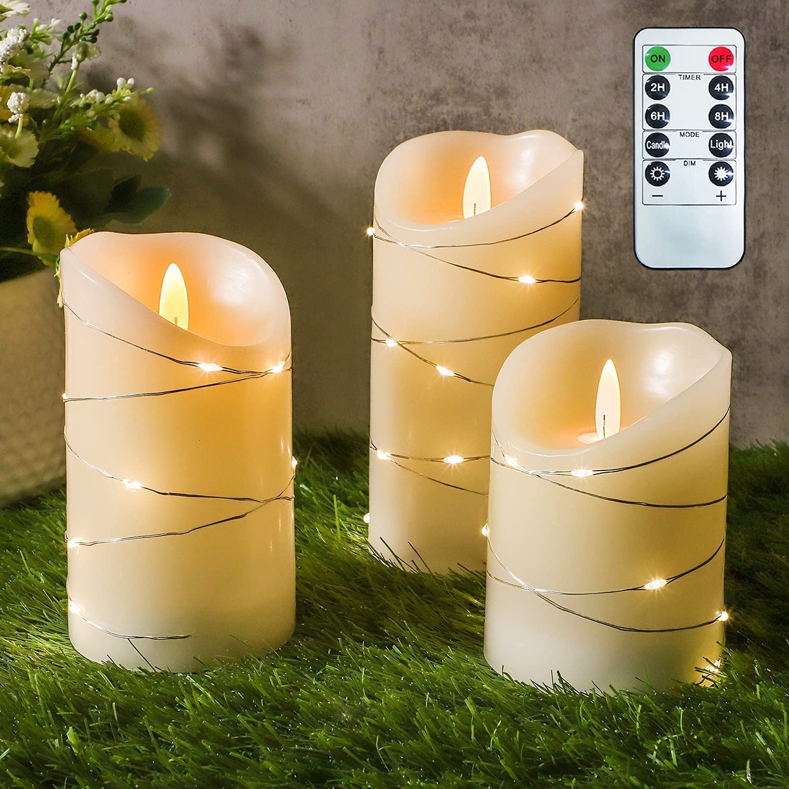 CHERIMENT Flameless LED Candles with Remote - Set of 3 Battery Operated Candles with Embedded String Lights, Realistic Ivory Wax Candles for Home Decor, Holiday Centerpiece & Fall Table Settings - Perfect for Weddings, Christmas, Thanksgiving & Romantic Ambiance