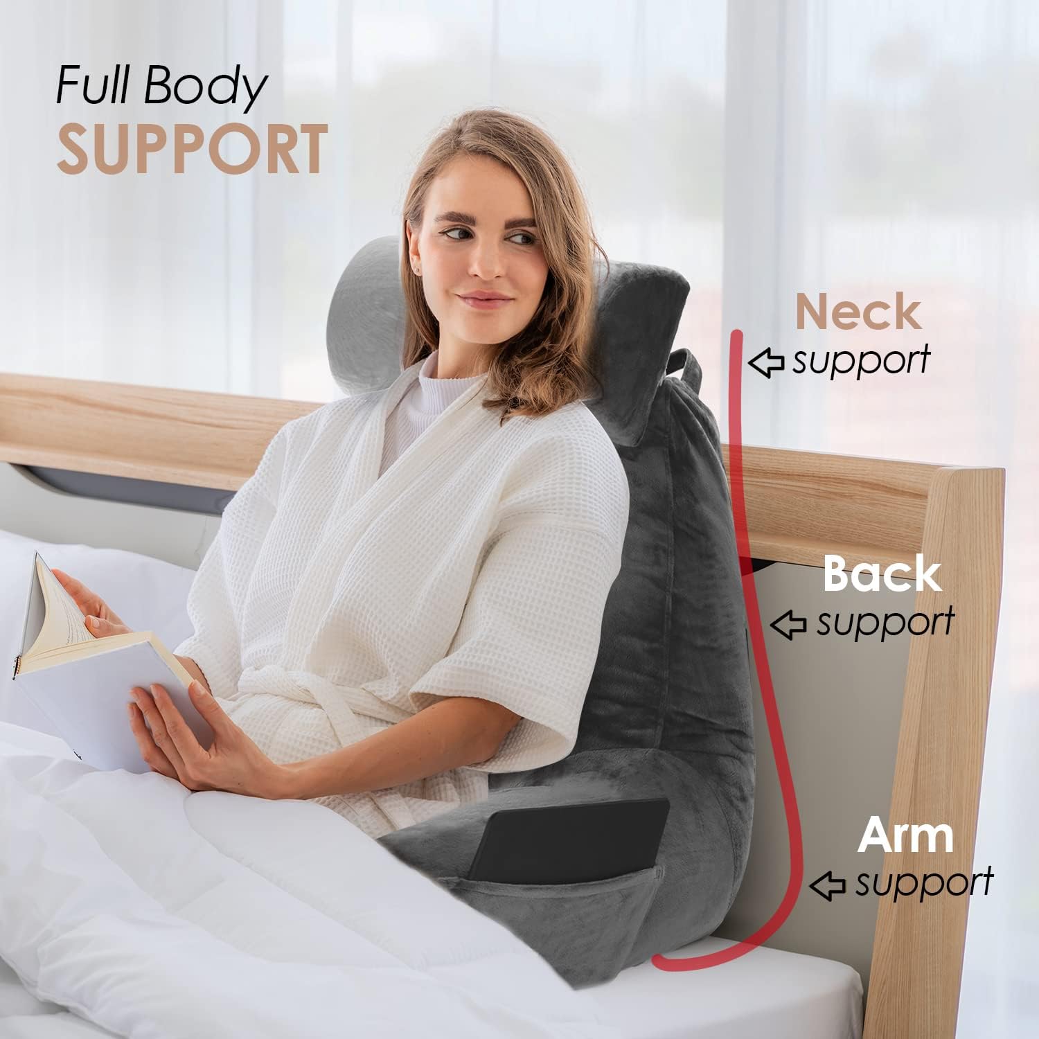 Nestl Reading Pillow with Laptop Desk - Velvet Back Support Pillow for Sitting in Bed, Shredded Memory Foam Bed Rest Pillow with Arms (Large, Gray) - Perfect for Reading, Working, or Relaxing in Bed