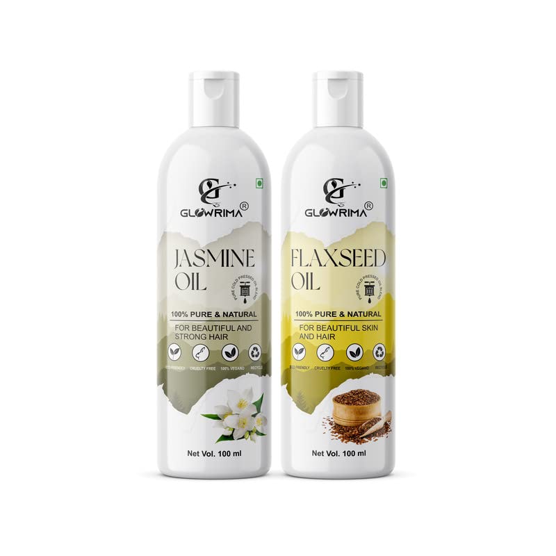 Glowrima 100% Pure Jasmine Oil & Flaxseed Oil Combo (100ML Each) - Promotes Rapid Hair Growth, Reduces Hair Fall, Repairs Split Ends for Softer & Shinier Hair - Perfect for Daily Hair Care & Scalp Massage (Pack of 2)
