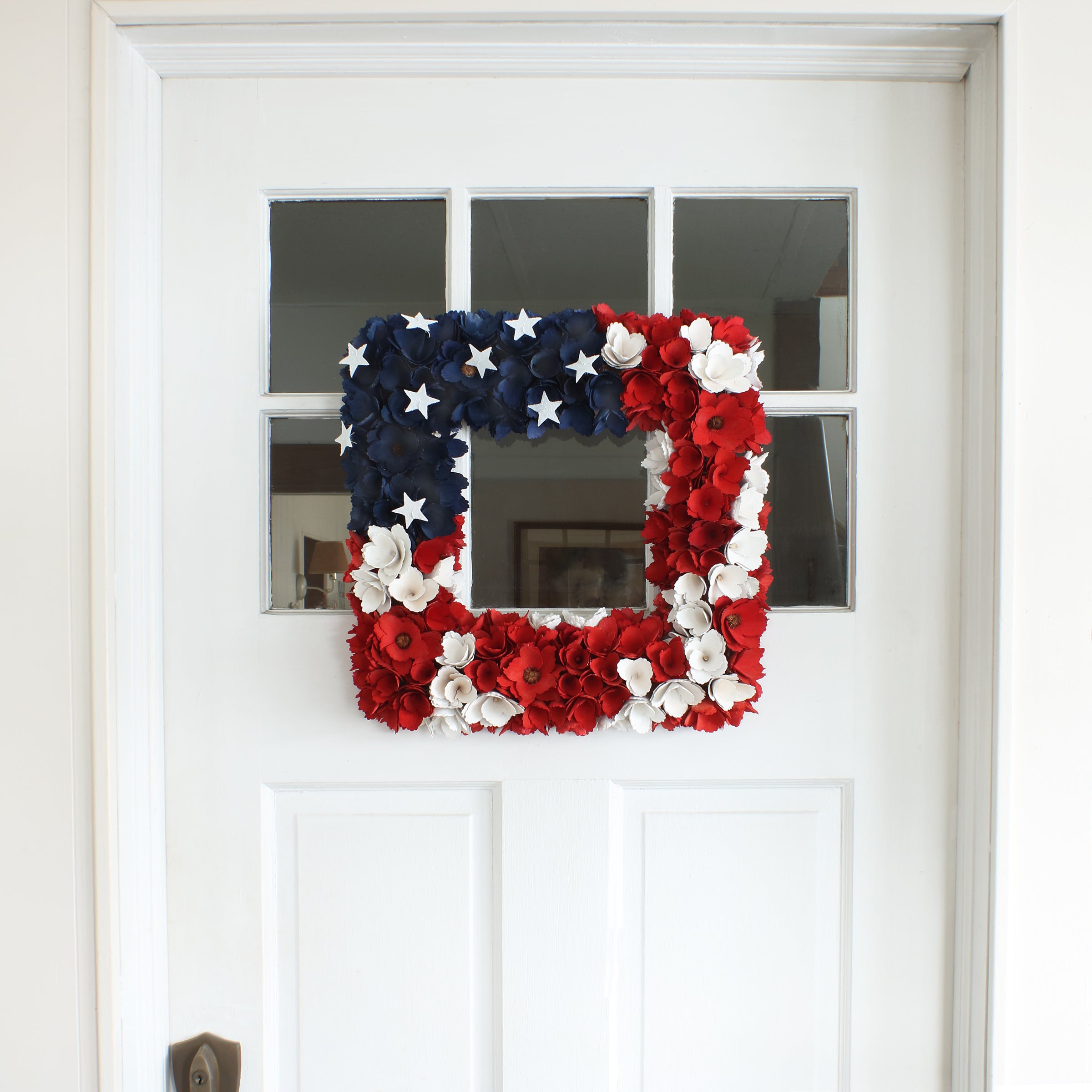 22 Inch Patriotic Hanging Square Wreath with Red White and Blue Flowers and Stars - Perfect for 4th of July, Memorial Day, Veterans Day Decorations and Front Door Wall Decor