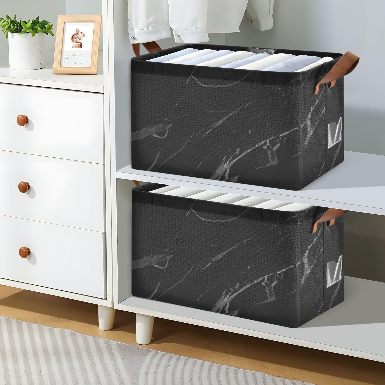 Black Marble Storage Bin with Convenient Decor Basket & Modern Laundry Basket - Perfect for Home Organization, Closet Storage & Laundry Room Decor