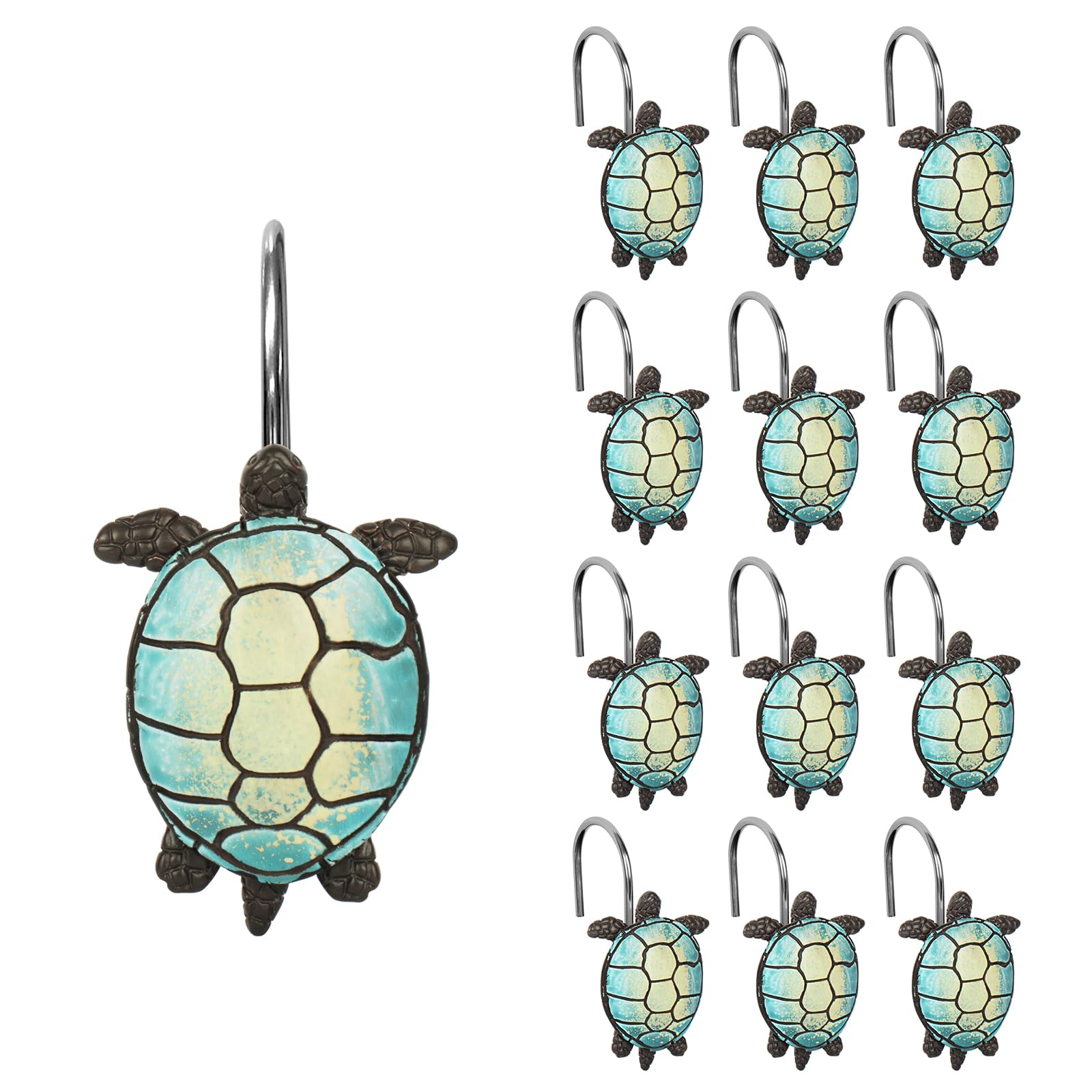 Ocean-Themed Sea Turtle Shower Curtain Hooks - Set of 12 Waterproof Resin Bathroom Accessories for Kids Room, Living Room & Beach House Decor | Perfect for Coastal, Nautical & Underwater Theme Bathrooms