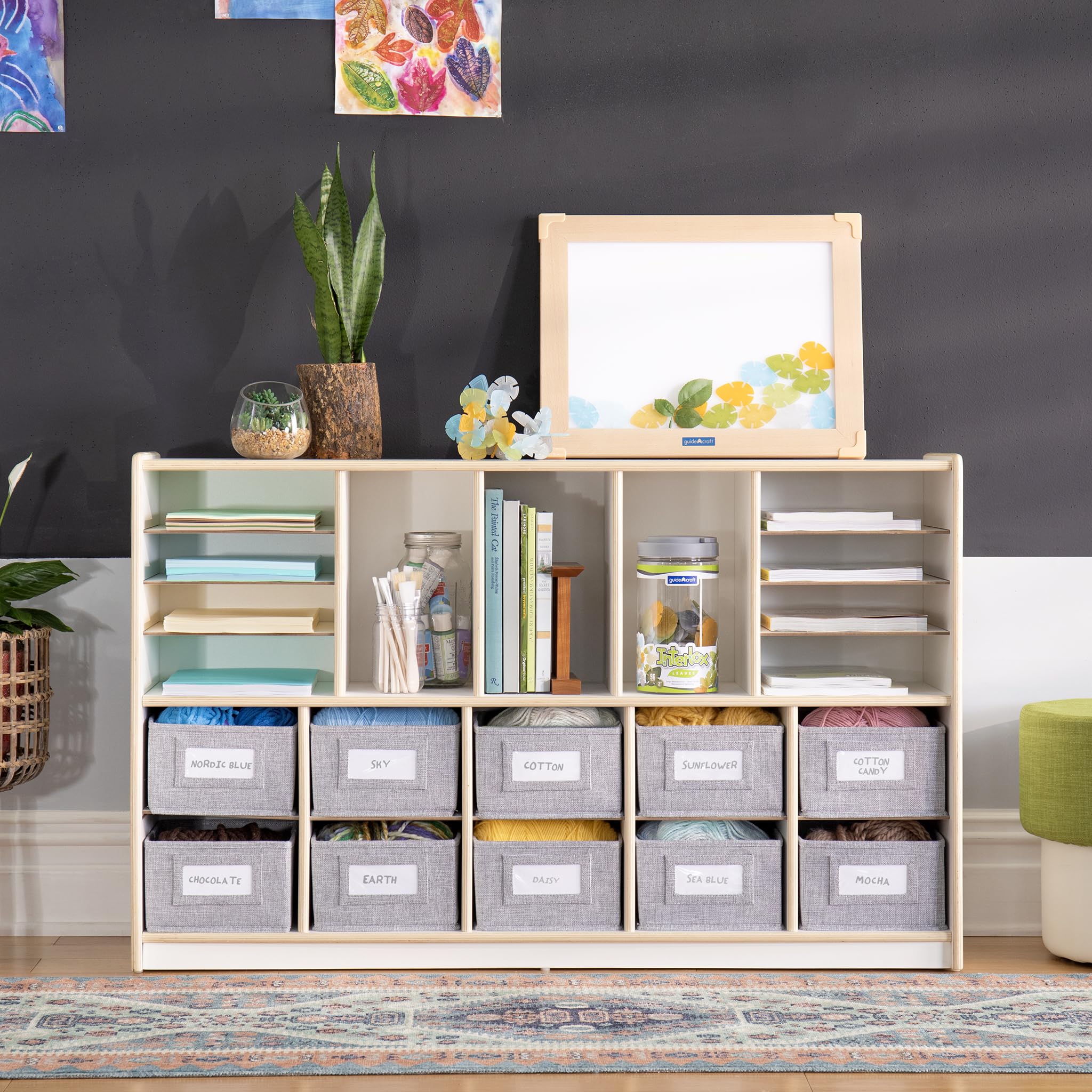Guidecraft EdQ Shelves and 10 Bin Storage Unit - White Wooden Bookcase & Toy Organizer for Kids | Classroom, Playroom & Home Storage Solution | Books, Toys & School Supplies Organization