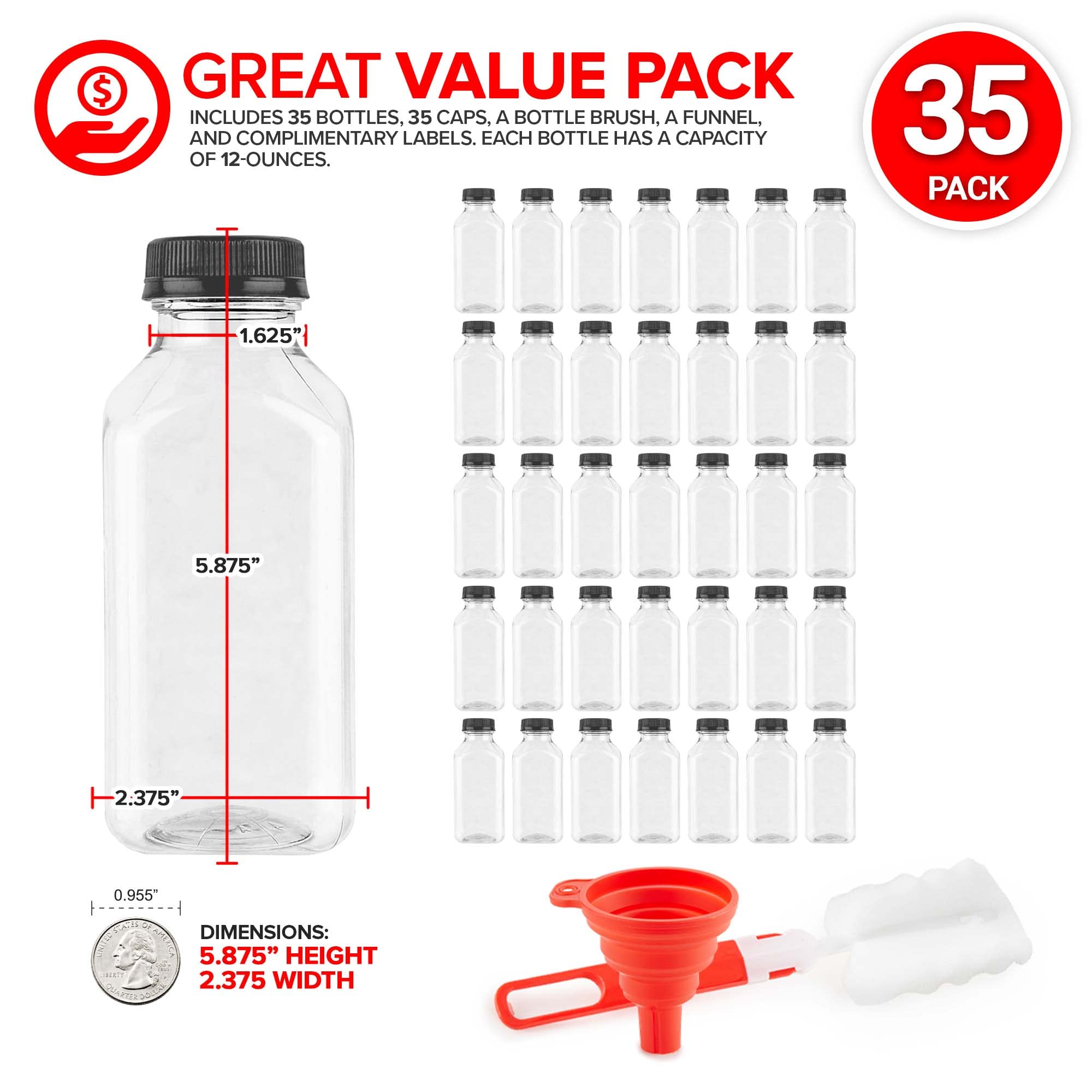 12 oz Reusable Clear Plastic Juice Bottles with Caps (35 Pack) - Empty Drink Containers for Juicing, Shots, Mini Fridge Storage - Includes Labels, Brush & Funnel - Perfect for Homemade Juices, Meal Prep, and On-the-Go Hydration
