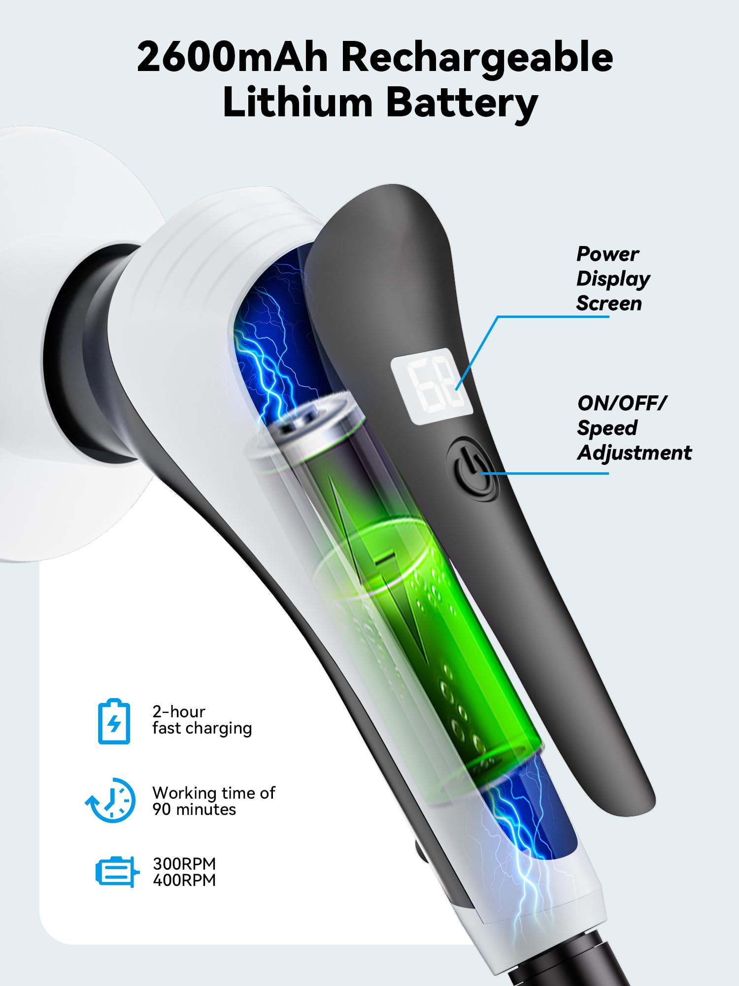 Electric Spin Scrubber - Cordless Cleaning Brush with Power Display, IP68 Waterproof Shower Scrubber, 8 Replaceable Brush Heads, Adjustable Handle & 2 Speed Settings for Bathroom, Kitchen & Tile Cleaning