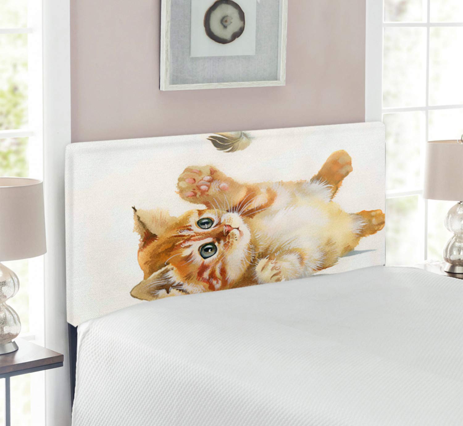 Ambesonne Upholstered Cat Headboard - Hand Drawn Watercolor Art of Cat Playing with Feather, Twin Size Metal Bed Frame with Memory Foam in Apricot Cream White | Perfect for Pet Lovers' Bedroom Decor