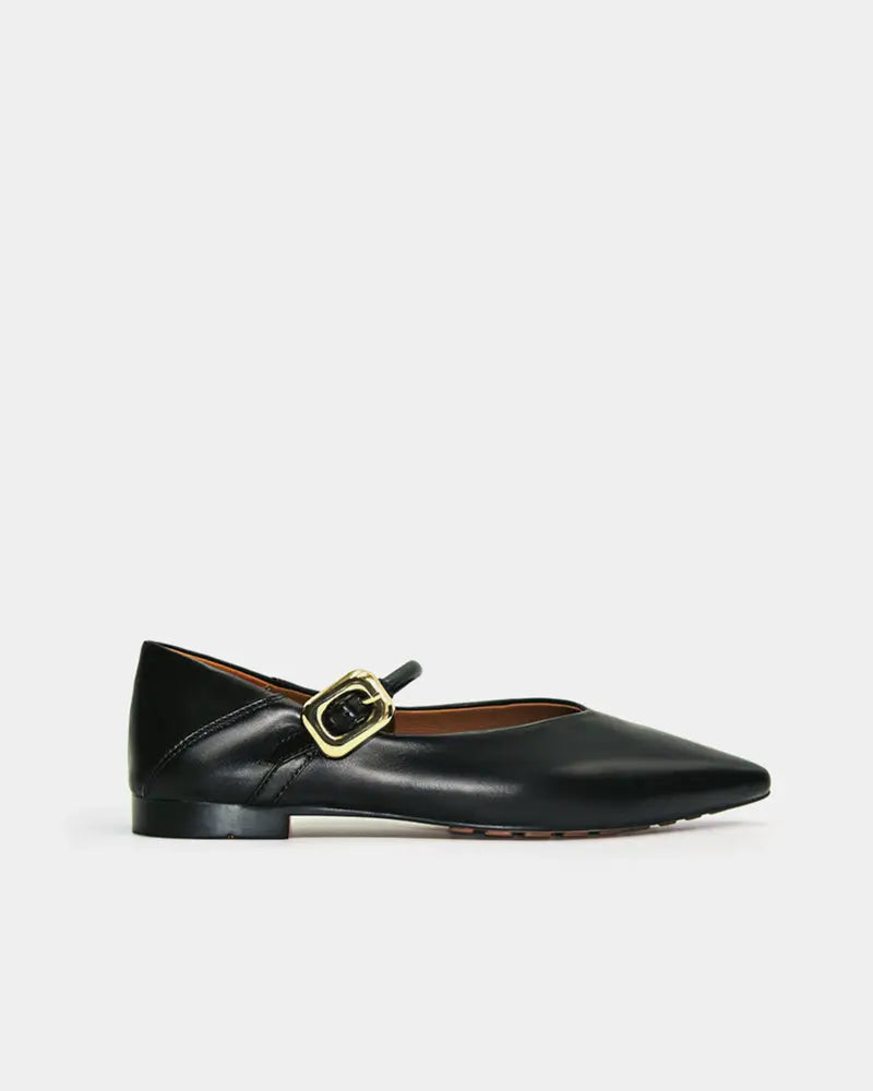Black Calfskin Leather Flat Mary Jane Shoes for Women - Classic Comfortable Slip-On Ballet Flats for Work, Office & Casual Wear