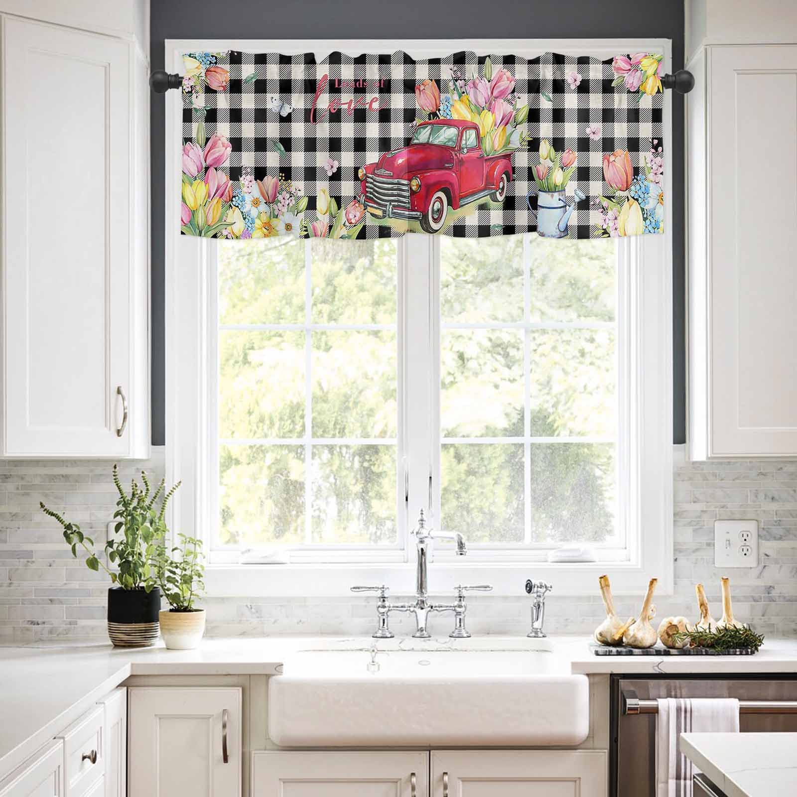 Spring Tulip Floral Rod Pocket Window Valance - Short Curtain Topper for Living Room & Bedroom - Red Truck & Black Plaid Rose Flower Design - Perfect for Cafe, Kitchen & Home Decor