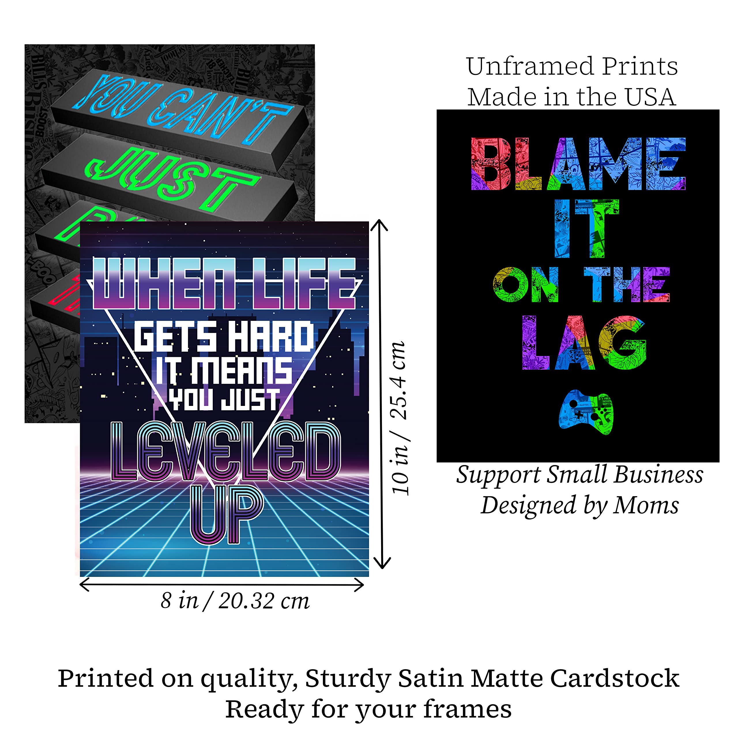RGB Retro Video Game Wall Art Set of 4 - 8x10 Inch Gaming Posters with Funny Quotes - Perfect for Teen Boys Bedroom & Game Room Decor - USA Made - Great Gift for Gamers & Birthday Presents - Enhance Your Gaming Setup & Man Cave Decor