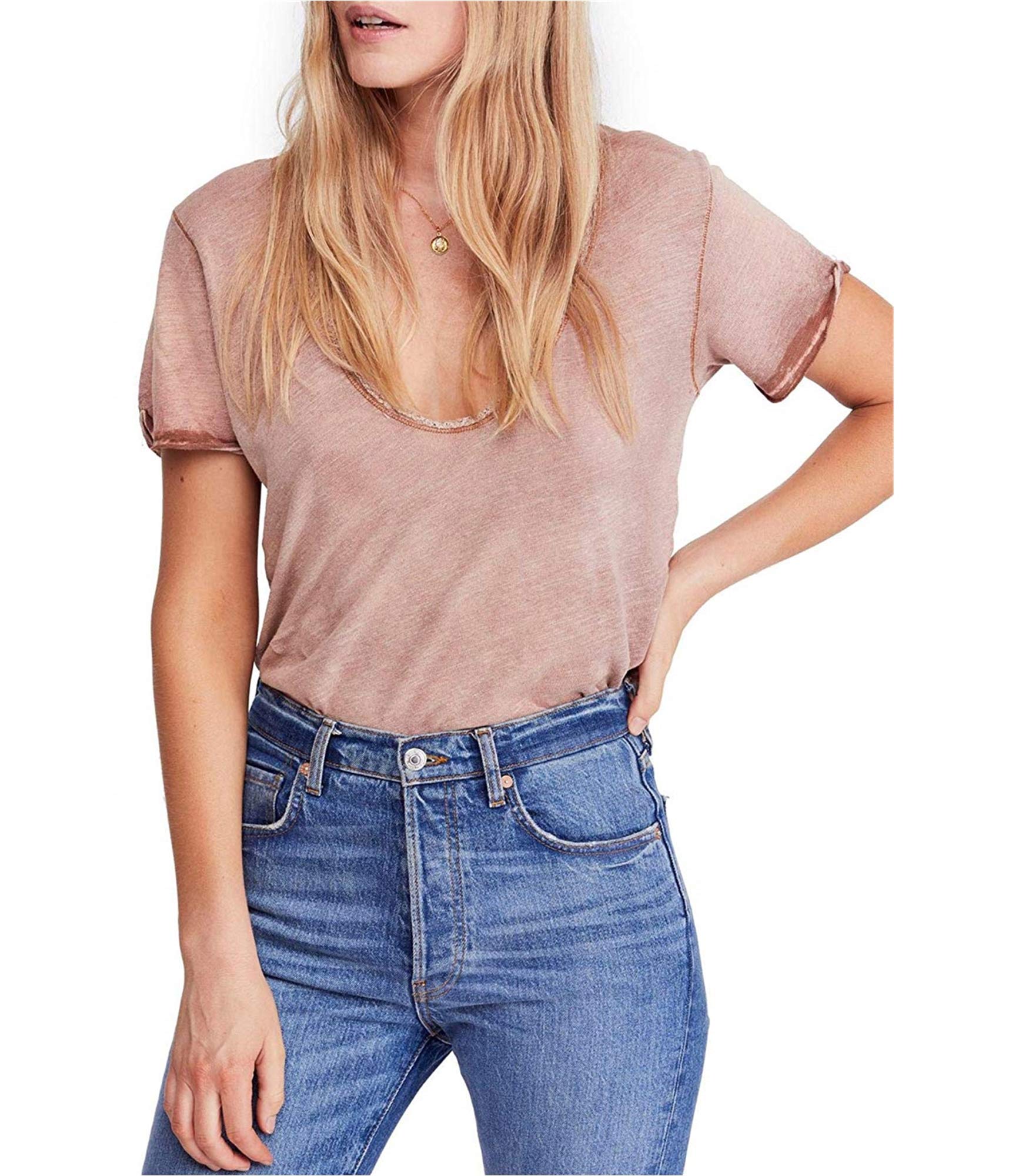 We The Free Women's Saturday Linen Crochet Trim T-Shirt - Taupe XS - Casual Summer Top for Beach, Boho Outfits & Everyday Wear