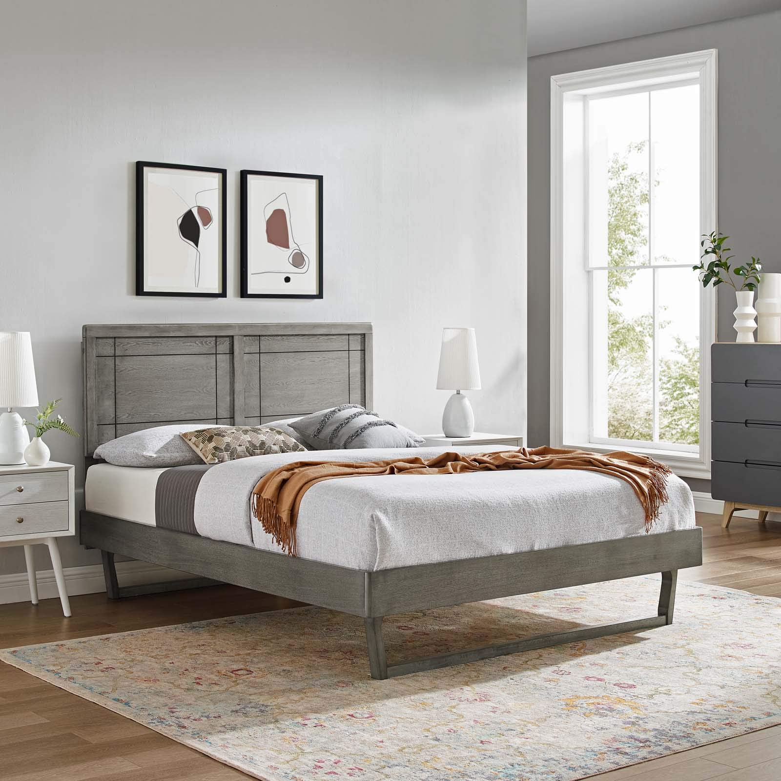 Modway MOD-6625-GRY Marlee Full Size Wooden Platform Bed with Angular Frame in Gray - Modern Minimalist Bedroom Furniture for Small Spaces & Guest Rooms