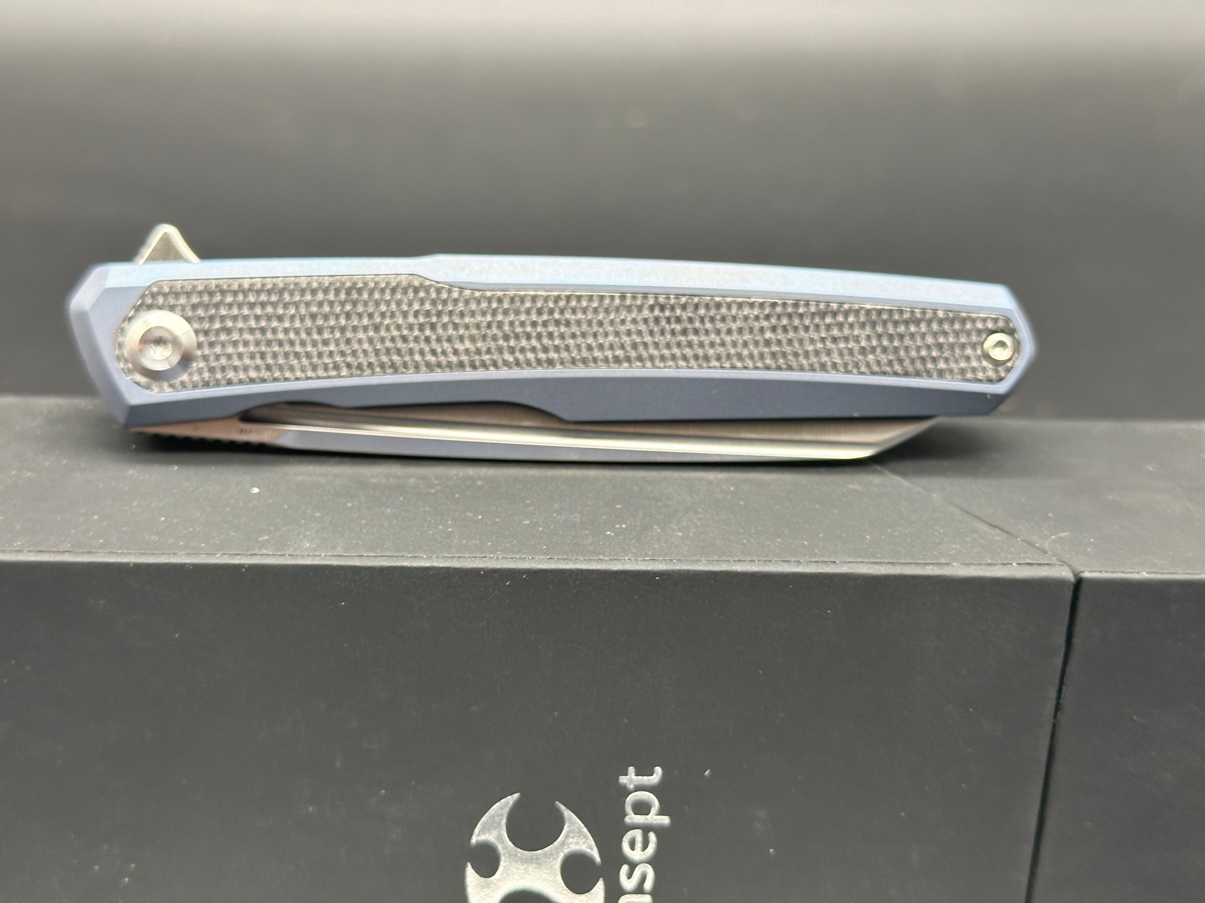 Kansept Arcus Frame Lock Folding Knife - Blue Titanium & Black Micarta Handle, 3.4