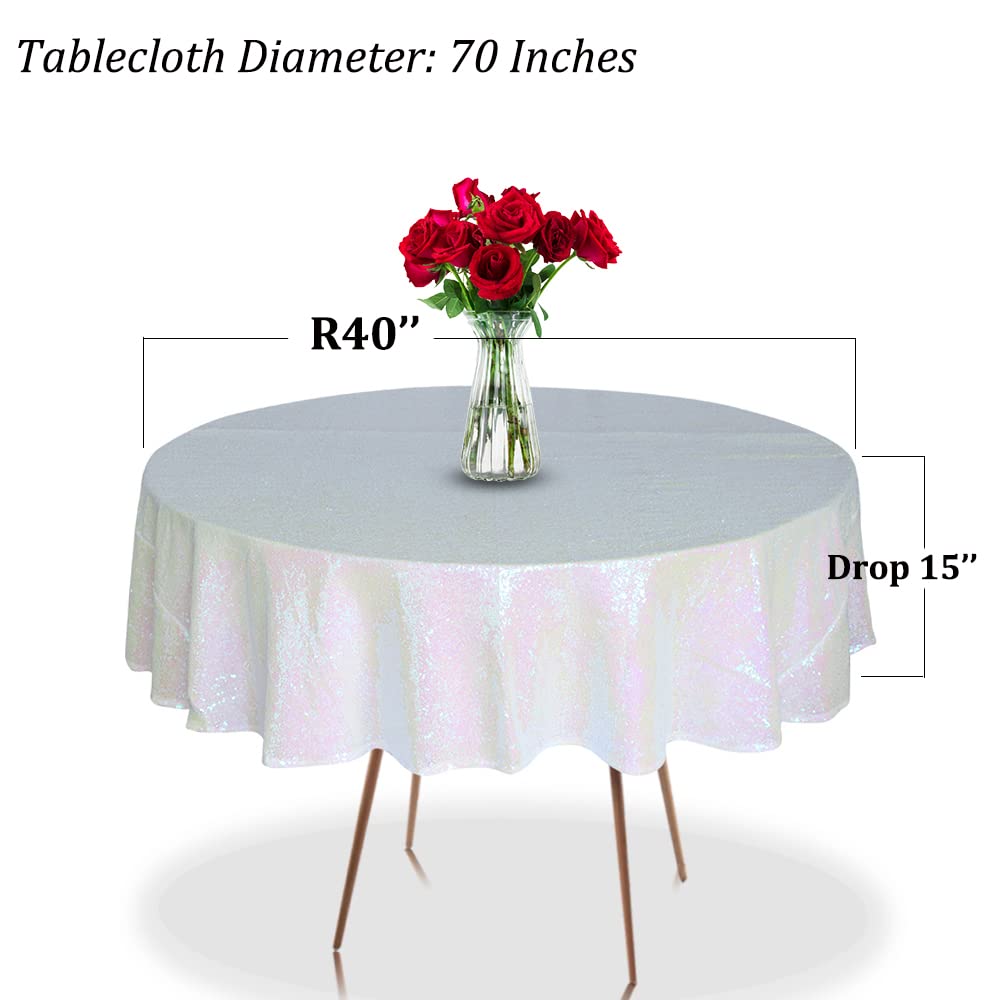 Iridescent Sequin Tablecloth 70 Inch Round - Sparkly Glitter Table Cover for Wedding, Bridal Shower, Birthday Party & Prom Decorations - Elegant Round Table Overlay for Special Events & Celebrations