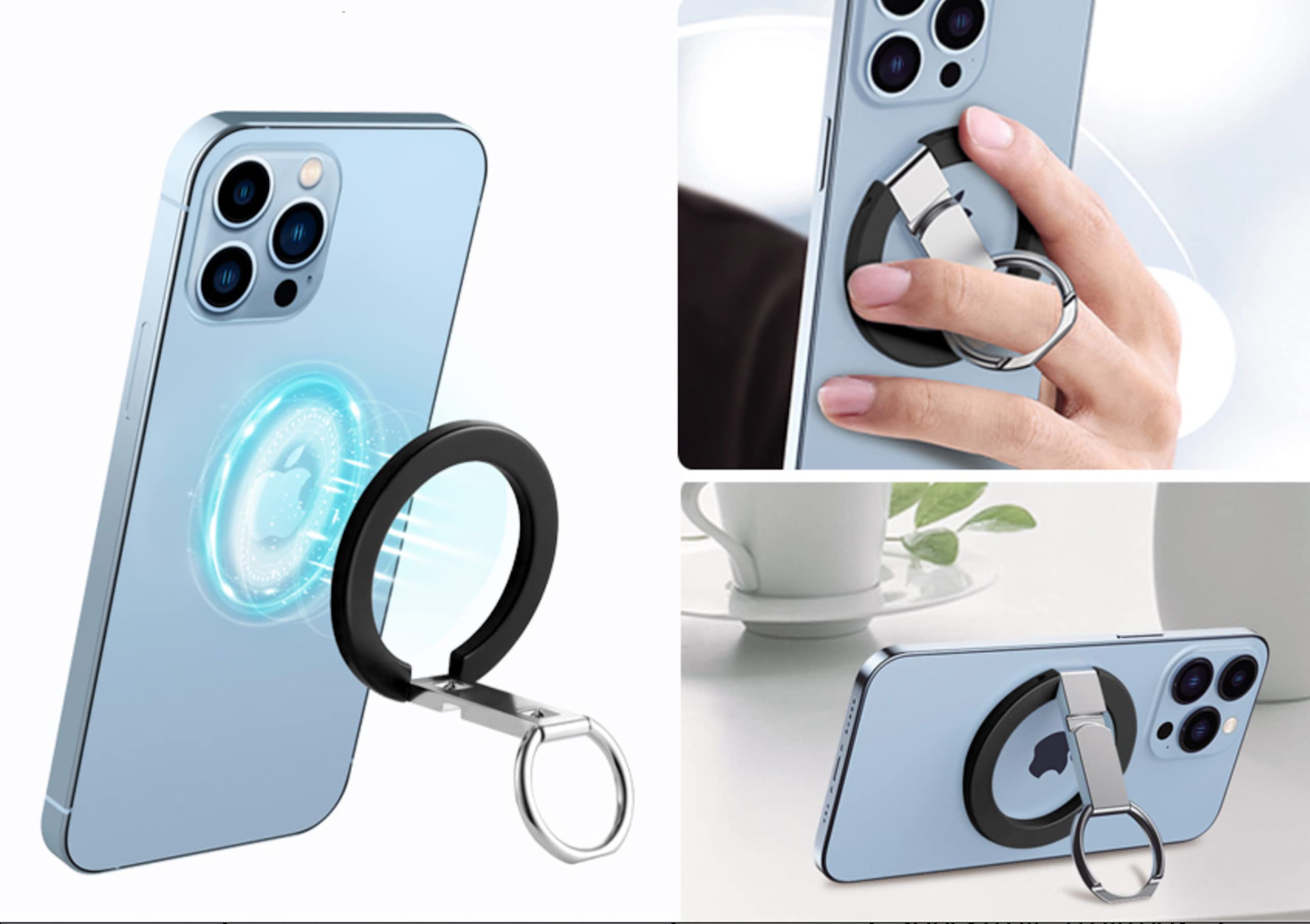 MagSafe Phone Ring Holder for iPhone 12/13/14 Pro Max Mini | Detachable Metal Grip Stand for Secure Holding & Selfies (Sierra Blue)