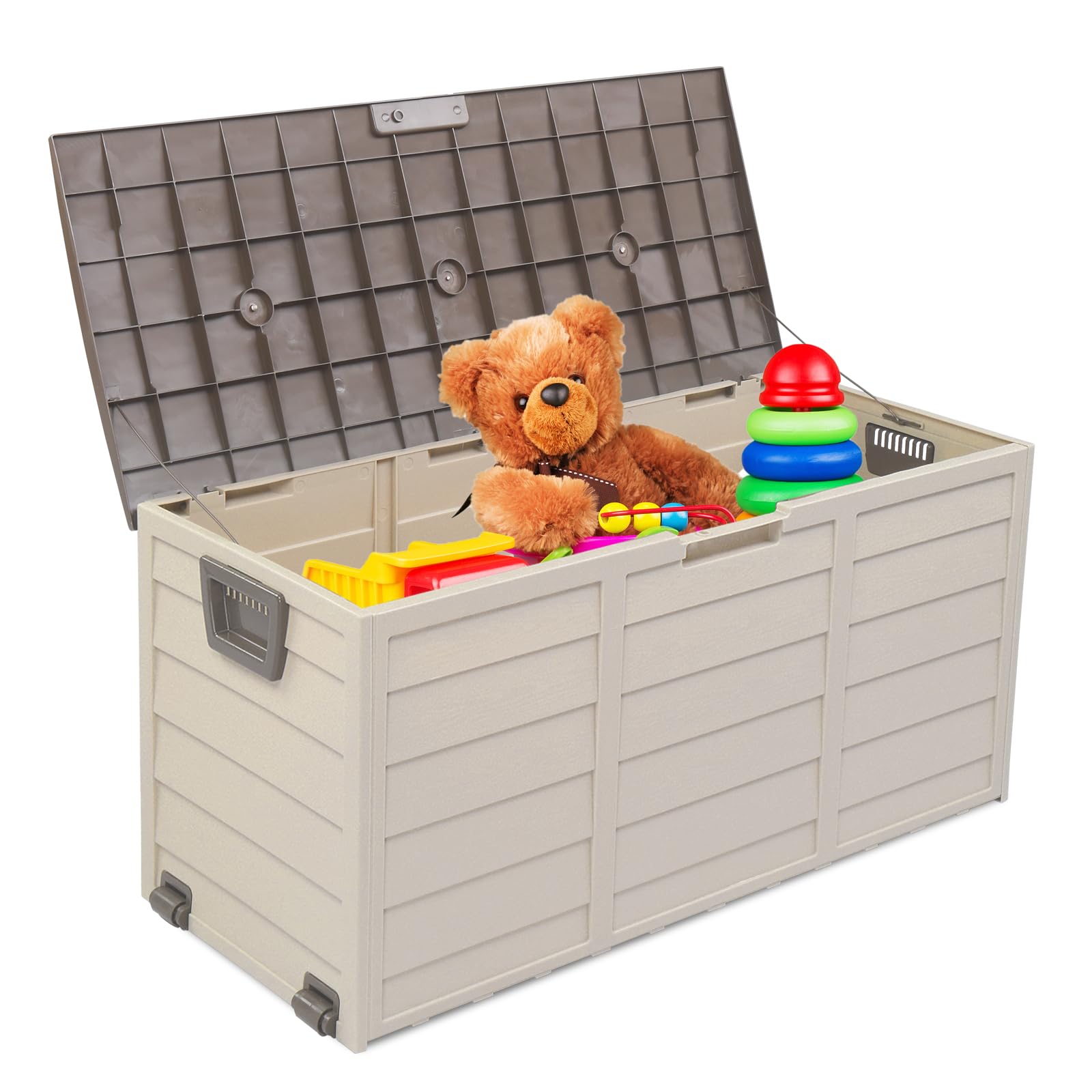 VINGLI Upgraded 75 Gallon Outdoor Storage Box with Lockable Lid - Waterproof Plastic Deck Box for Patio, Garden, Pool, Balcony & Yard - Perfect for Storing Cushions, Pool Toys & Outdoor Gear (Coffee Brown)