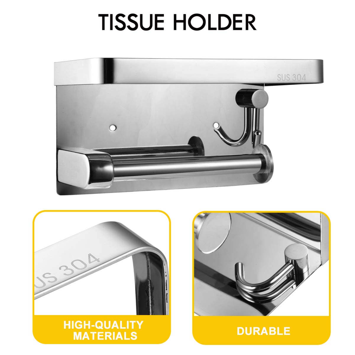 Stainless Steel Wall-Mounted Paper Towel Holder & Bathroom Organizer - Multi-Purpose Tissue Dispenser, Phone Shelf & Keychain Rack for Kitchen, Bathroom & Office Organization
