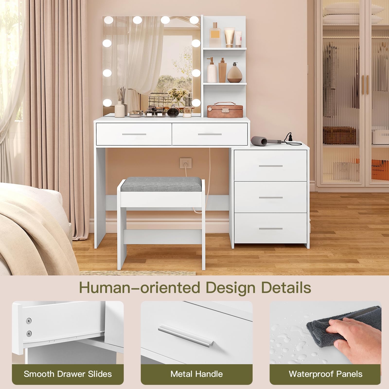 USIKEY Large Vanity Desk with Mirror & 10 LED Lights - Makeup Dressing Table with Power Strip, Storage Shelves & 5 Drawers - Vanity Set with Cushioned Stool for Women & Girls (White) - Perfect for Bedroom, Dorm Room & Beauty Salon Makeup Organization