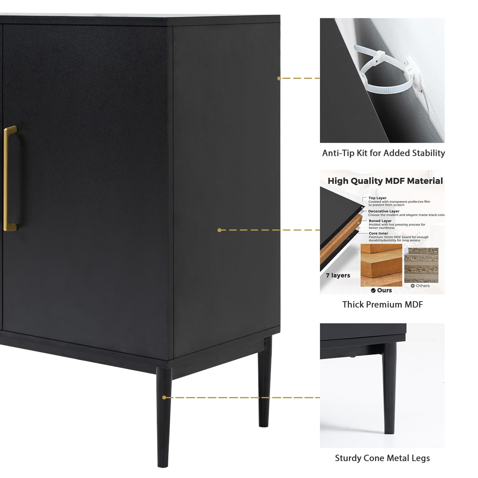 Modern Wood Storage Cabinet - Free Standing Buffet Sideboard with Wood Accent for Living Room, Hallway, Entryway, Dining Room & Bedroom - Stylish Black Storage Solution for Home Organization & Decor