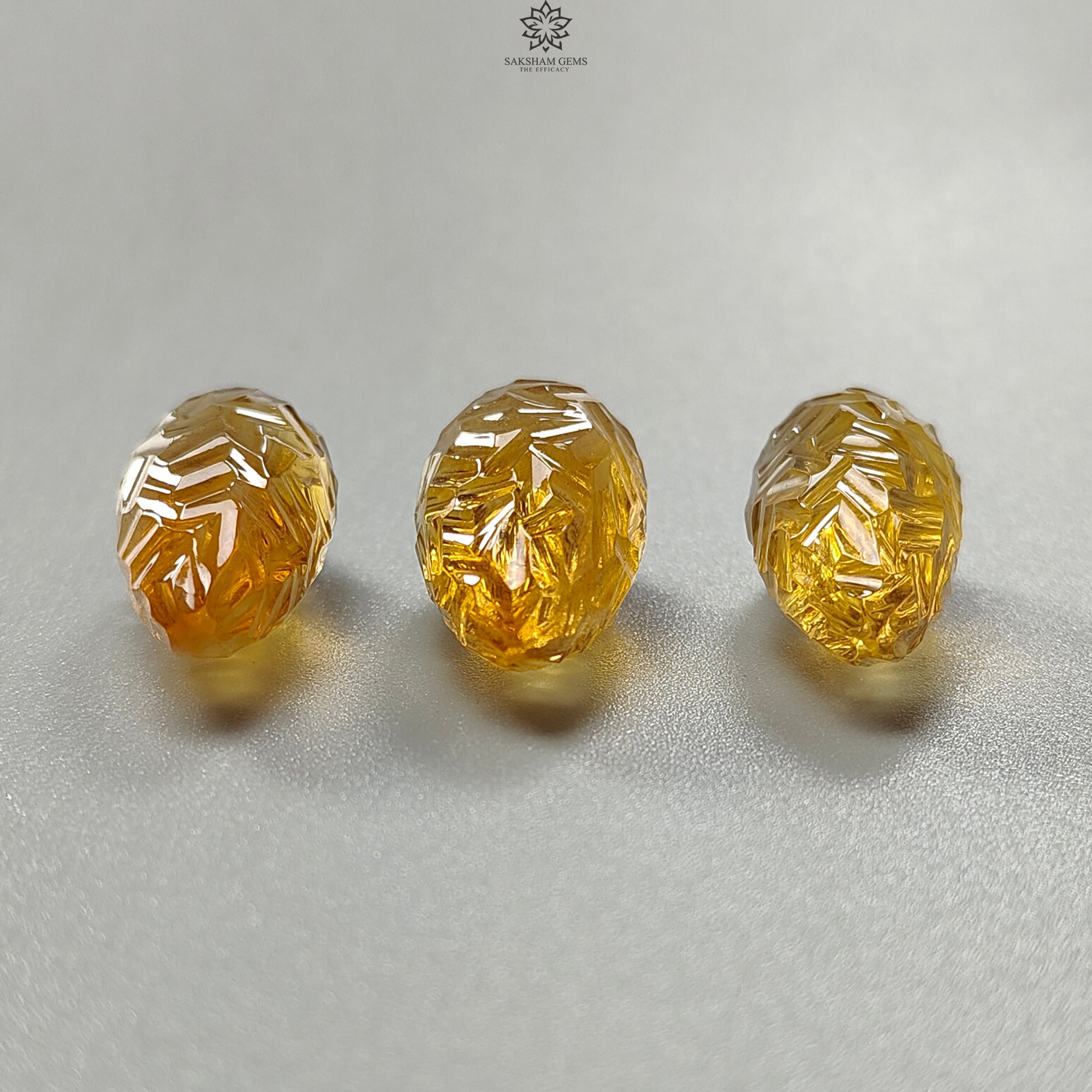 Natural Untreated Yellow Citrine Gemstone Carving - 81.30cts Hand-Carved Teardrop Shape (26mm x 27mm) 3-Piece Set, November Birthstone - Perfect for Jewelry Making, Healing Crystals & Gift Giving