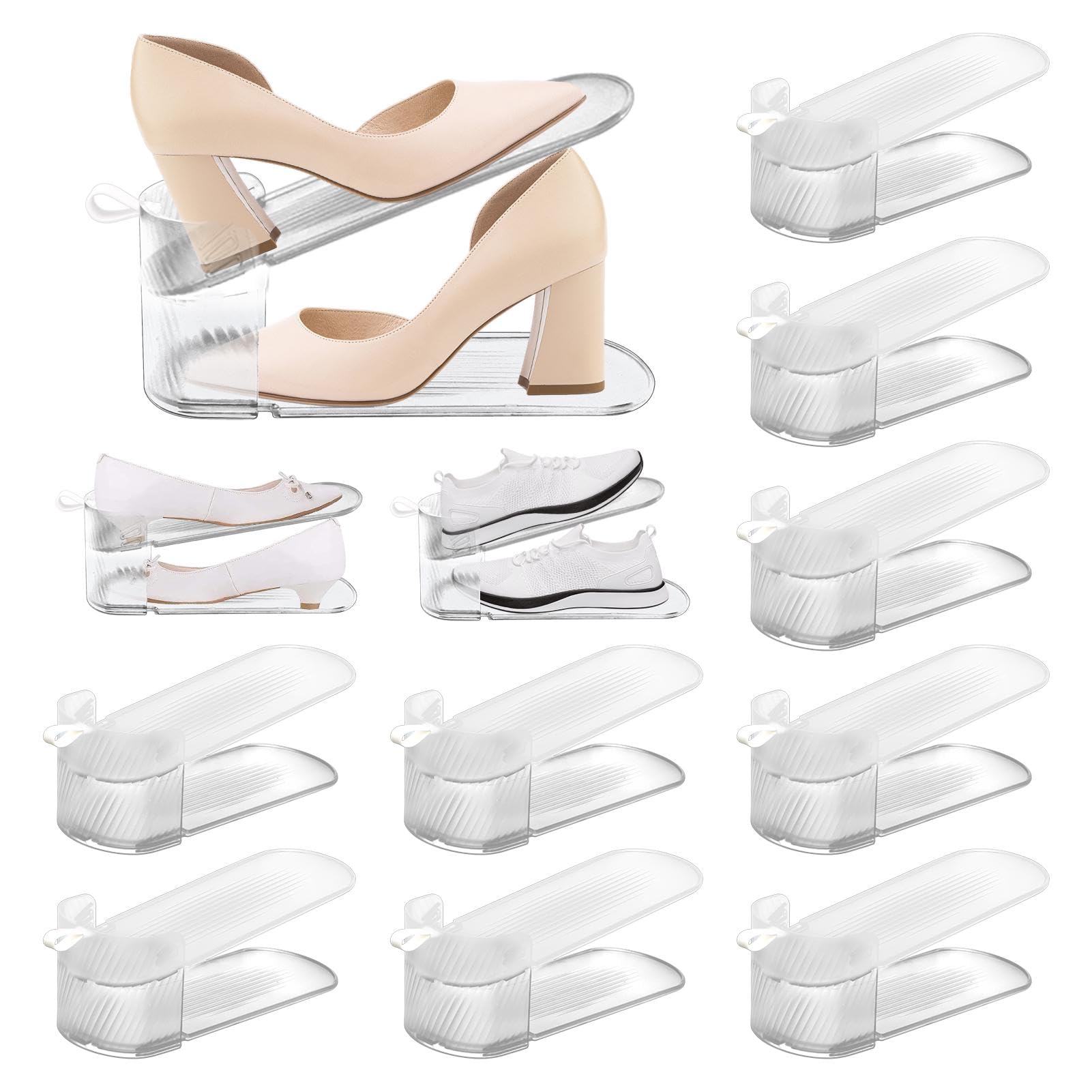 12 Pack Clear Adjustable Shoe Organizer - Double Layer Stackable Shoe Rack for Closet Storage | Space Saving Shoe Holder for Sneakers, Heels & Boots | Perfect for Bedroom, Entryway & Walk-in Closet Organization