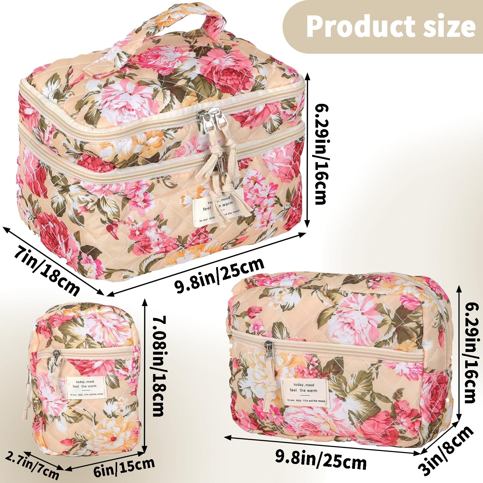 LAKSMI Upgraded 2-Layer Women's Makeup Bag Set - 3 Pack Quilted Floral Cosmetic Organizer, Large Cotton Travel Toiletry Bag for Makeup Storage & Travel Essentials | Perfect for Home, Office & Vacation