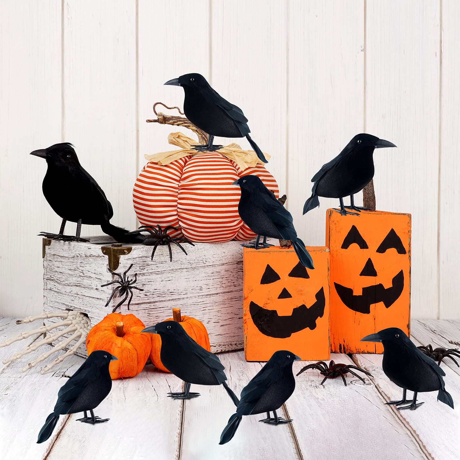 8 Pack Realistic Black Feathered Crow Props - Lifelike Halloween Raven Decorations for Outdoor & Indoor Party, Haunted House, Graveyard, and Themed Events