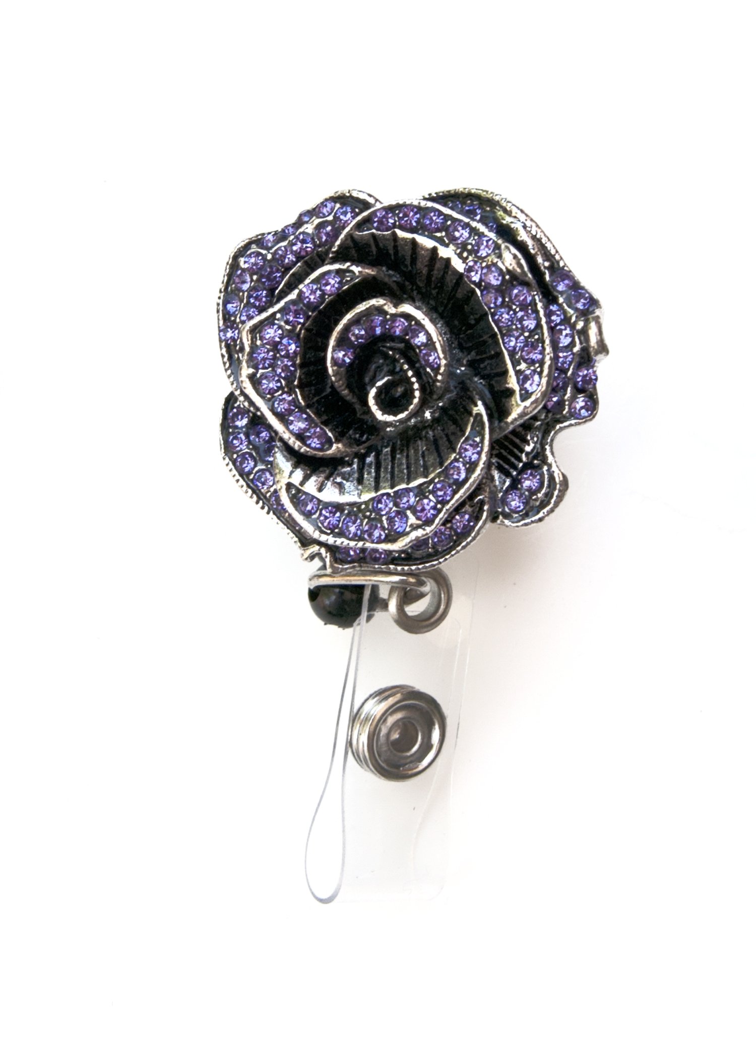 Colorful Sparkly Rose Rhinestone Retractable Badge Reel | Stylish ID Badge Holder for Nurses, Teachers & Professionals | Purple Crystal Rose Design for Work, Conferences & Events