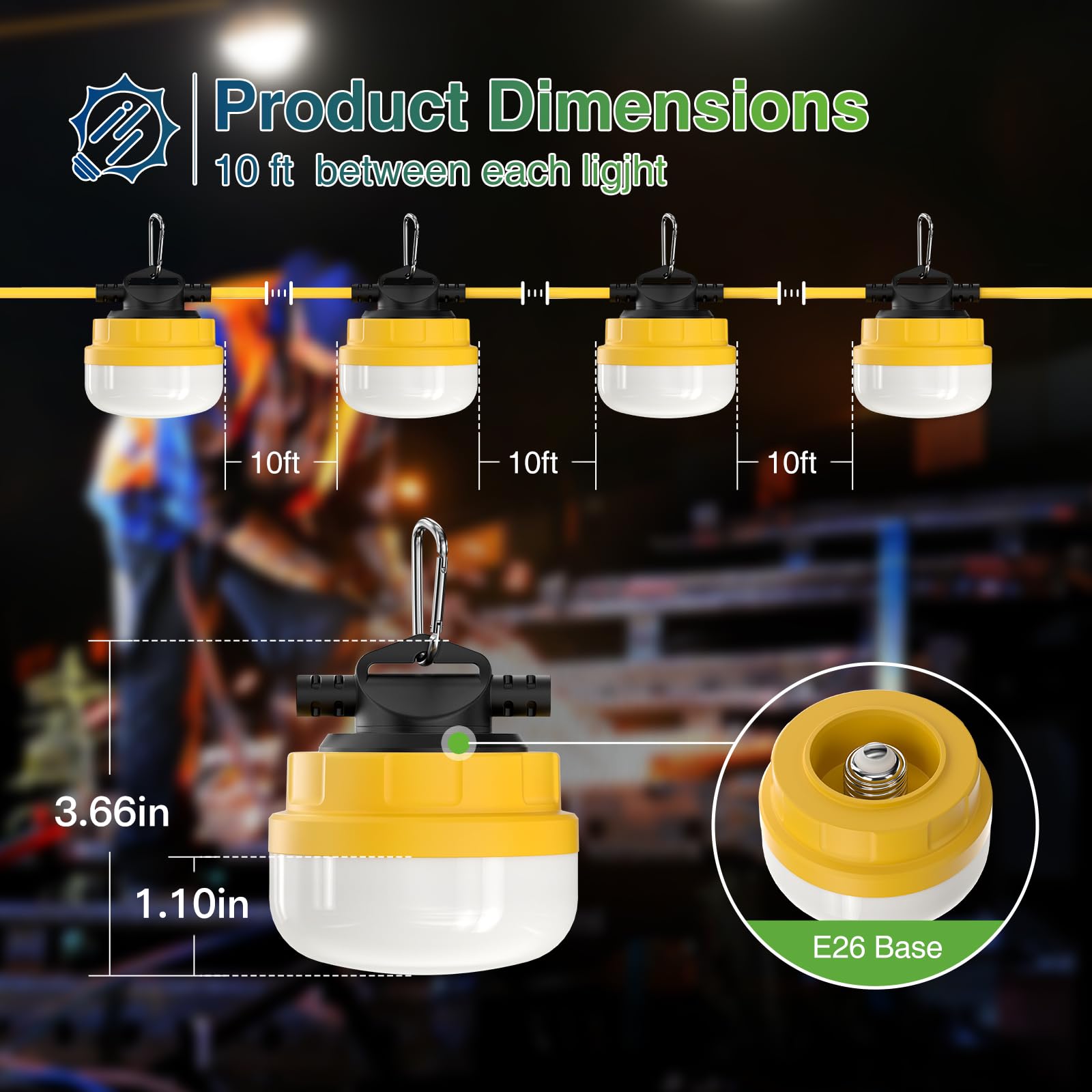 100FT Construction String Lights - 100W 12000LM IP65 Weatherproof Linkable Jobsite Work Light with 10 Replaceable Bulbs & Hanging Hooks | ETL Certified for Construction Sites, Warehouse, Backyard, Patio, Camping & Outdoor Events