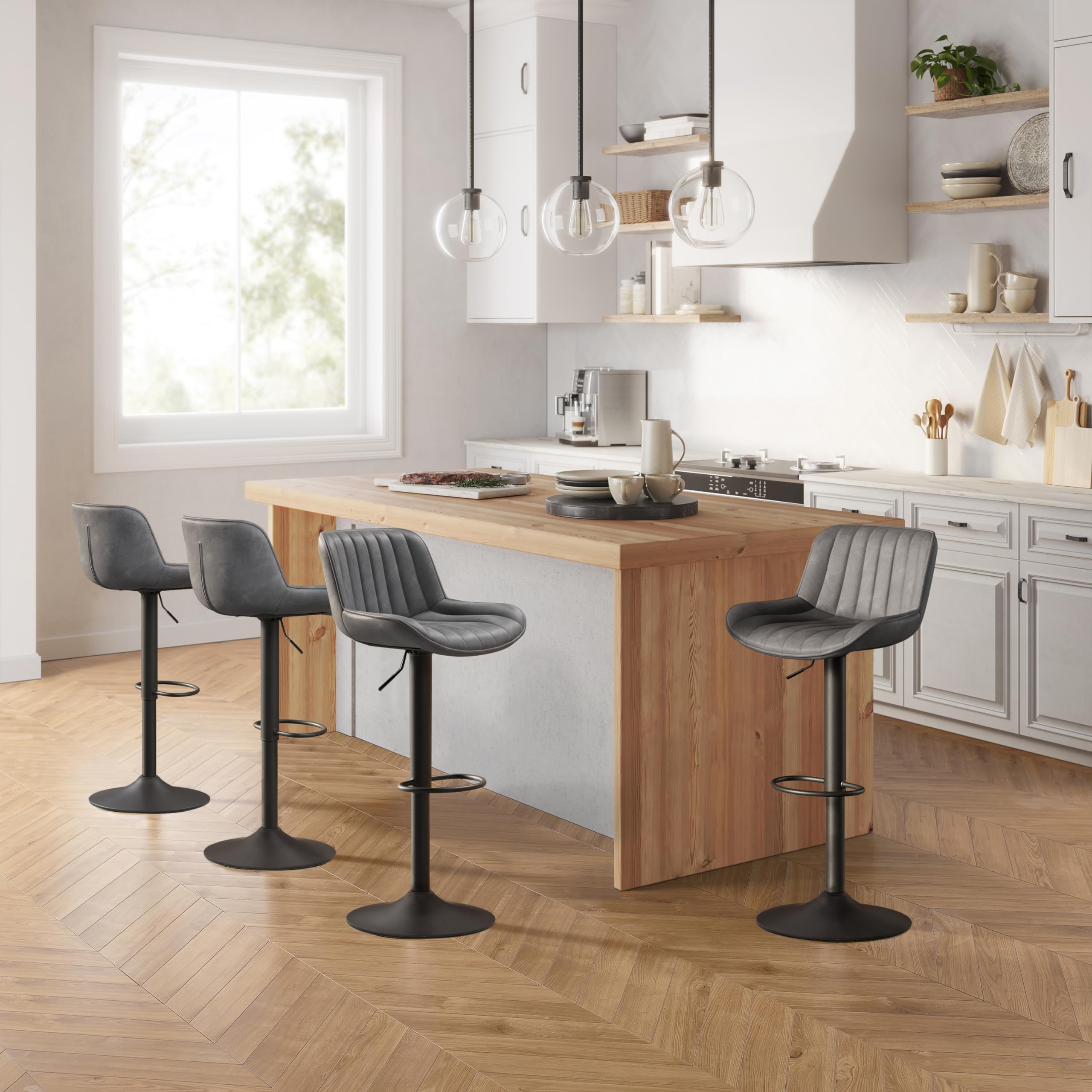 Mid Century Modern Swivel Bar Stools for Kitchen Counter - Adjustable Height Bar Chairs with Back, Vintage PU Leather Kitchen Island Stools (Black Base, Gray, Set of 2) - Perfect for Breakfast Nooks, Home Bars & Kitchen Islands