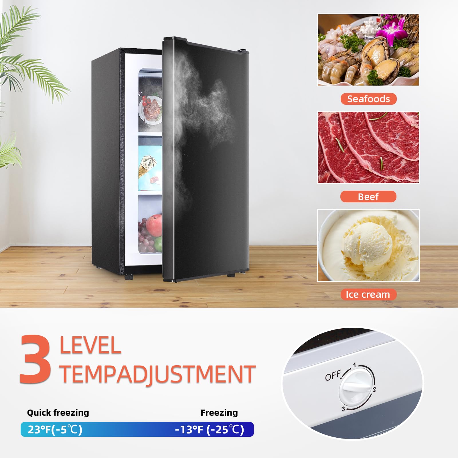 3.5 Cu.ft Black Upright Freezer - Compact Mini Deep Freezer with Stainless Steel Reversible Door, 3 Adjustable Temperature Settings (23°F to -13°F), Ultra Quiet Stand Up Freezer for Apartment, Bedroom, Dorm, Kitchen - Perfect for Storing Frozen Foods, Ice Cream, and Meal Prep