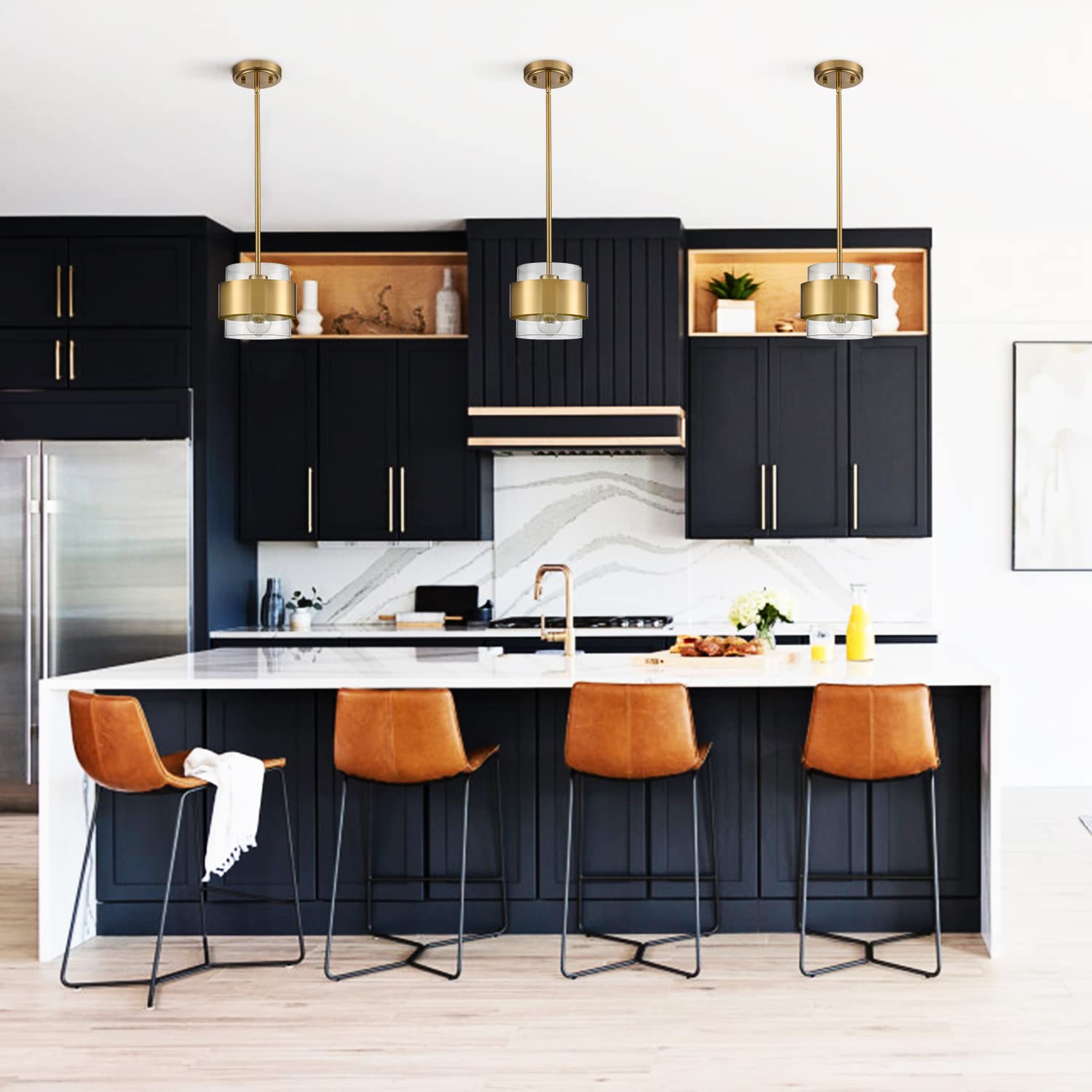 CLAXY Brass Mini Pendant Light with Clear Glass Shade - Modern Kitchen Island Lighting Fixture for Dining Room, Bar, and Breakfast Nook