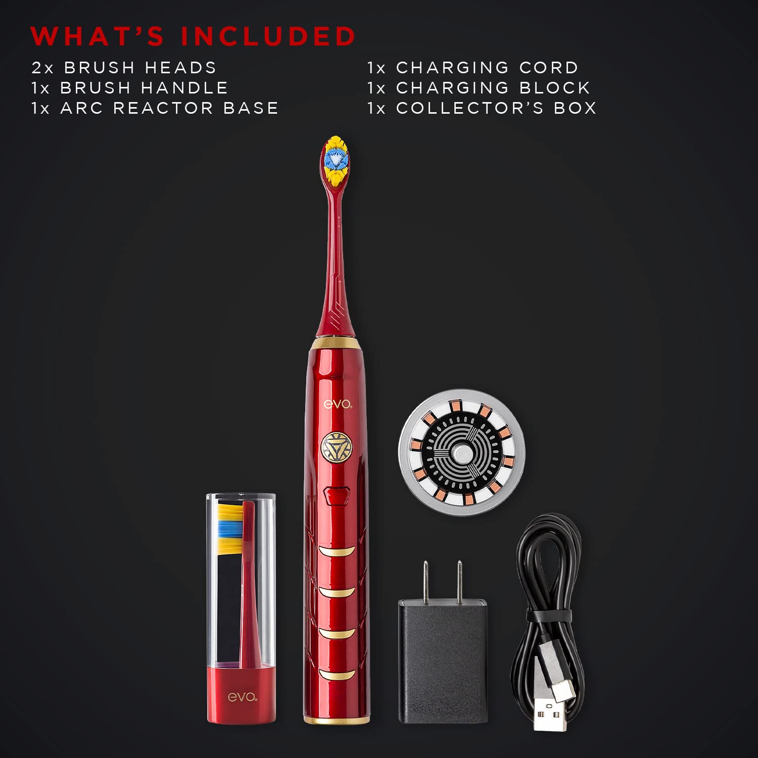 IRM-1 Iron Man Rechargeable Sonic Electric Toothbrush for Adults - Marvel Superhero Toothbrush with 2-Minute Timer, 4 Replacement Brush Heads & USB Charger - Perfect for Travel, Home Use & Gifts for Marvel Fans