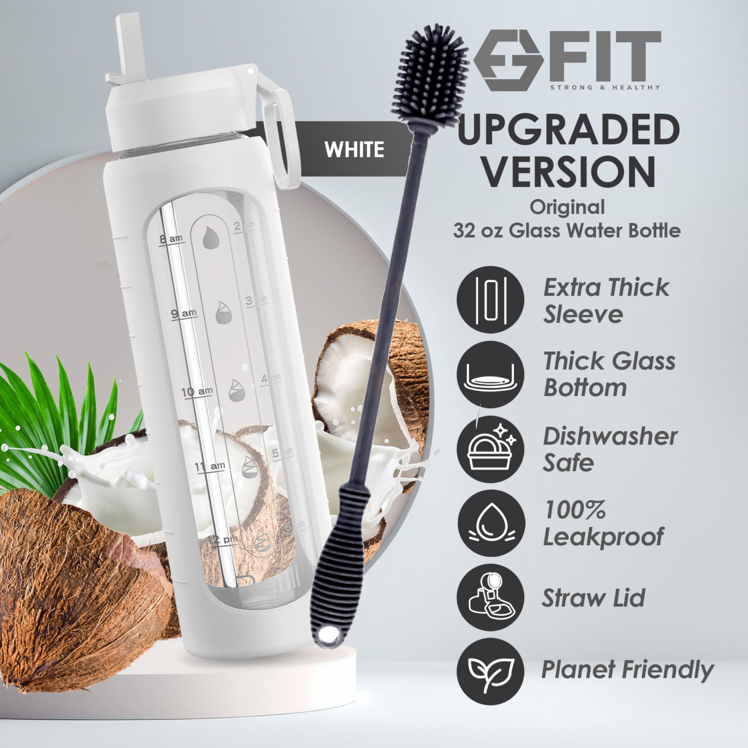 FIT Glass Water Bottle 32oz - Leakproof, Reusable with Time Marker for Gym & Office