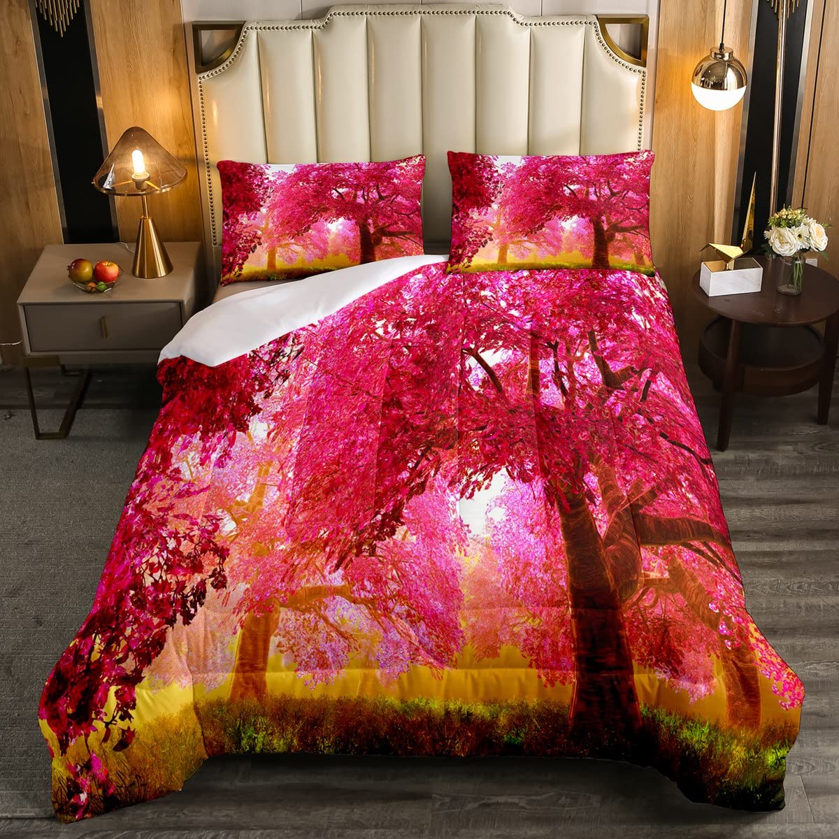 Feelyou Tree of Life Comforter Set - Soft Leaves & Branches Design Bedding for Adults, Rose Red Twin Size with 1 Pillowcase (2Pcs) | Perfect for Cozy Bedroom Decor & Nature-Inspired Home Styling