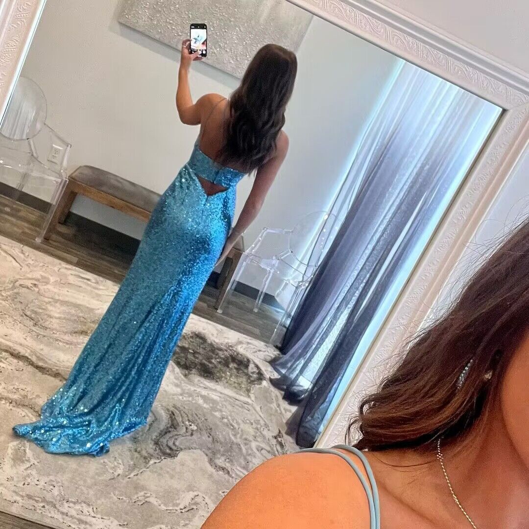 Elegant Blue Sequin Sheath Long Prom Dress with High Slit - Perfect for Homecoming, Evening Gala & Formal Events - Style J2882
