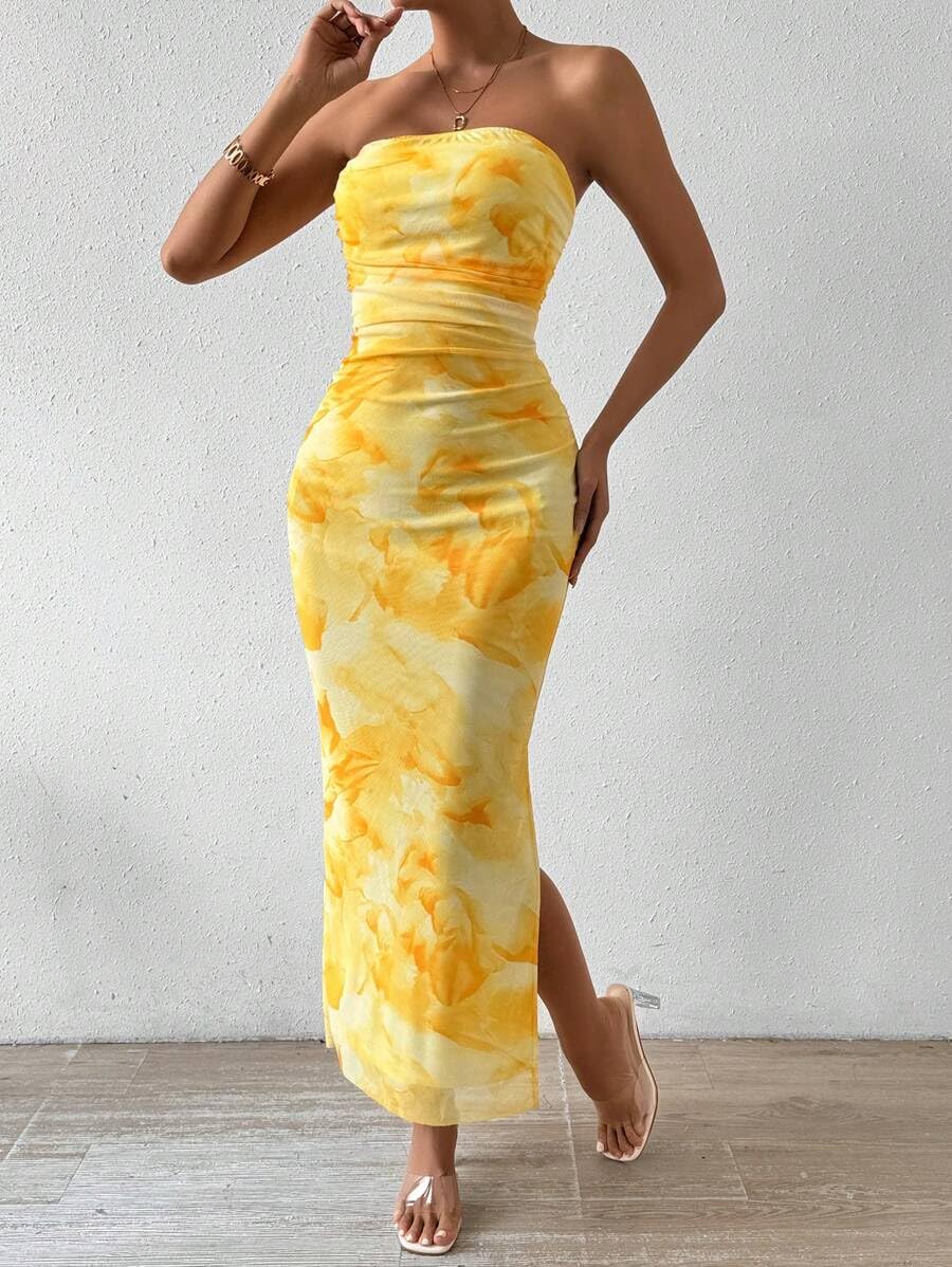 Women's Summer Floral Printed Strapless Tube Top Bodycon Maxi Dress with Side Slit & Mesh Layering - Perfect for Beach Vacations, Pool Parties and Date Nights