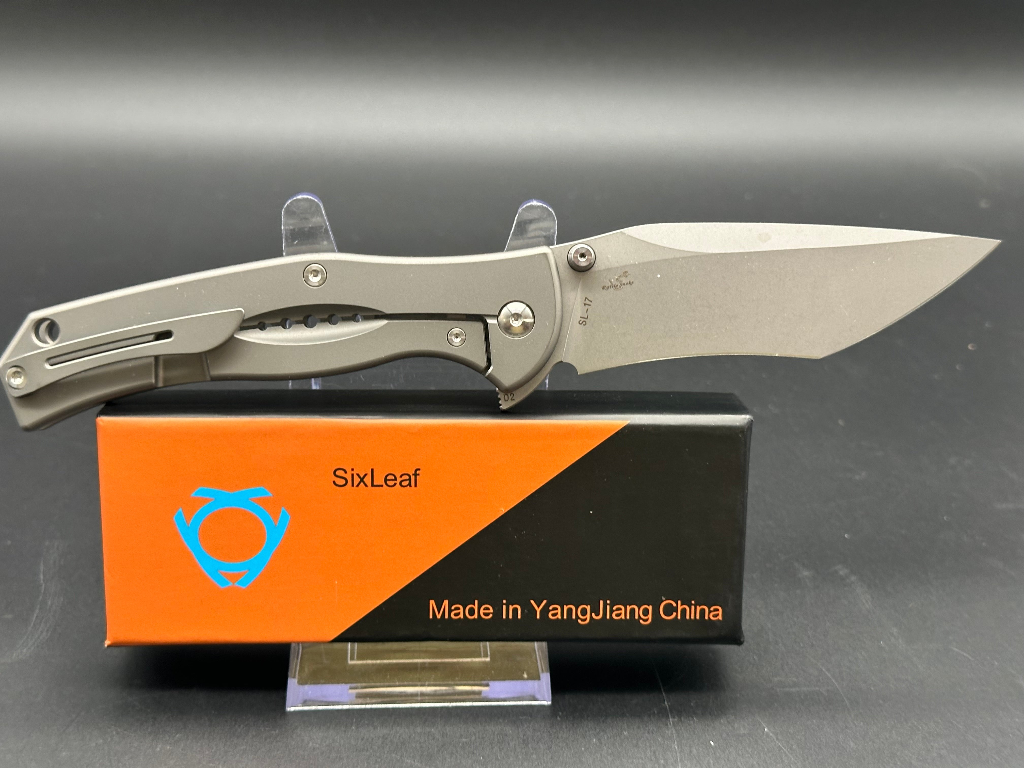 SixLeaf Flipper Folding Knife - Gray Titanium Handle, D2 Steel Plain Edge, SL-17 | EDC Pocket Knife for Outdoor, Camping & Everyday Carry